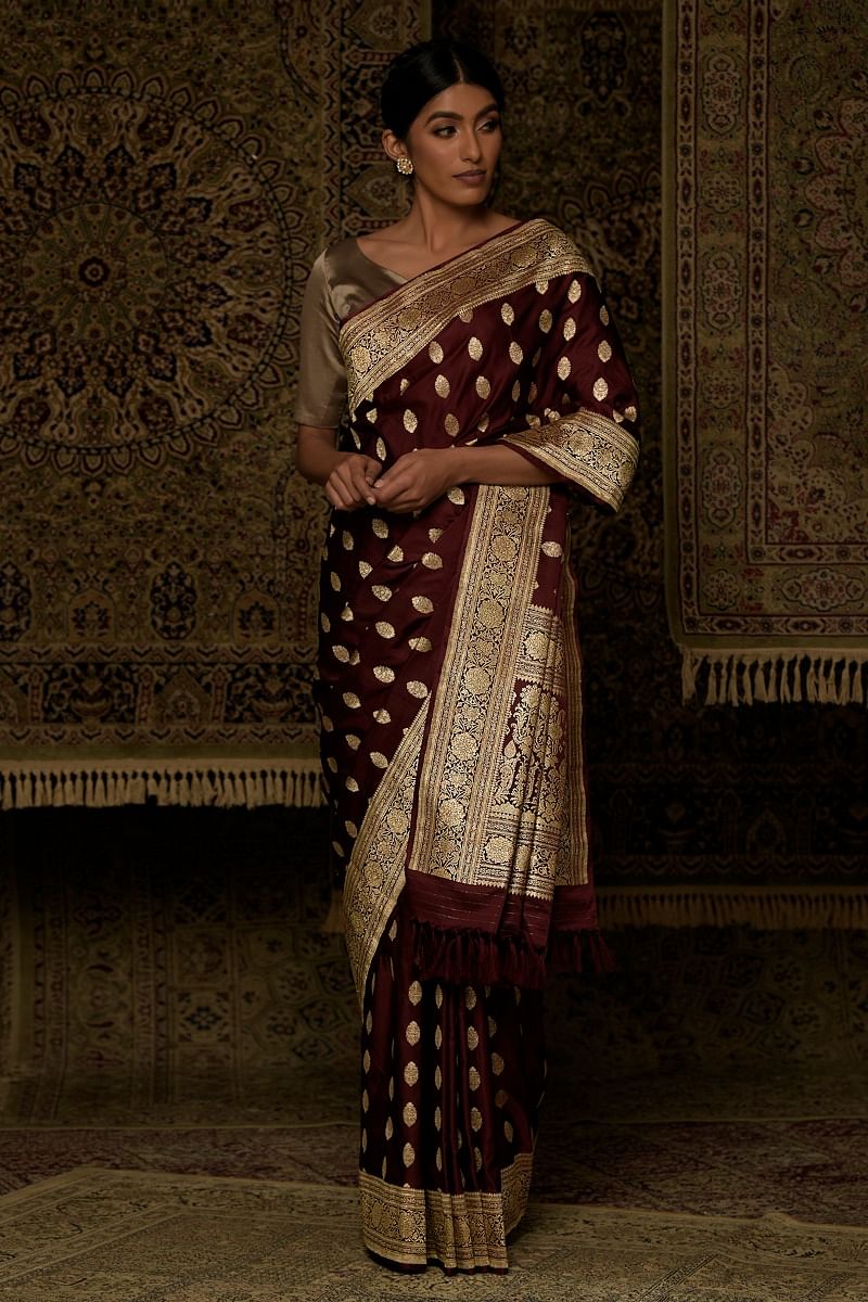 Sienna Brown Banarasi Jamawar Woven Silk Saree - Clothsvilla