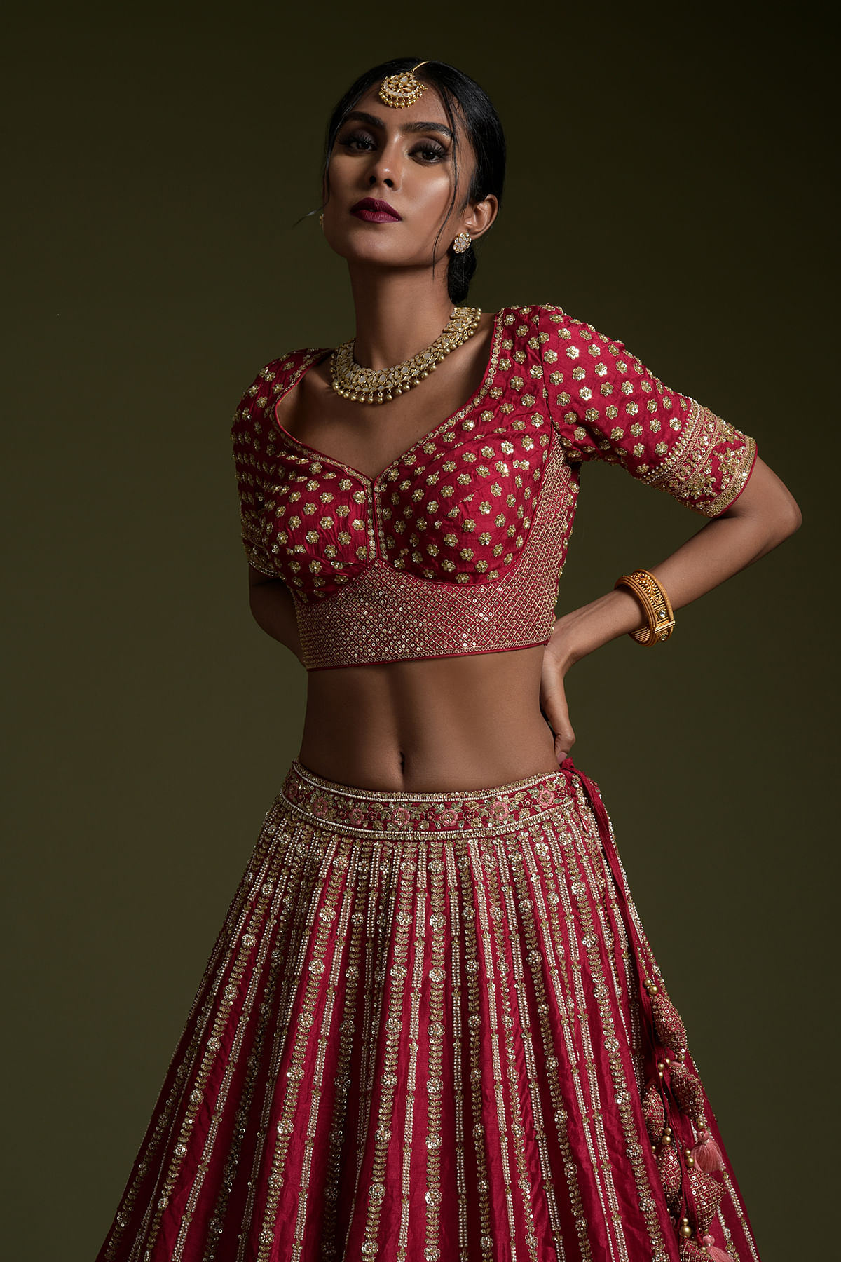 Buy Crimson Red Sequins Embroidered Raw Silk Bridal Lehenga Online | Samyakk