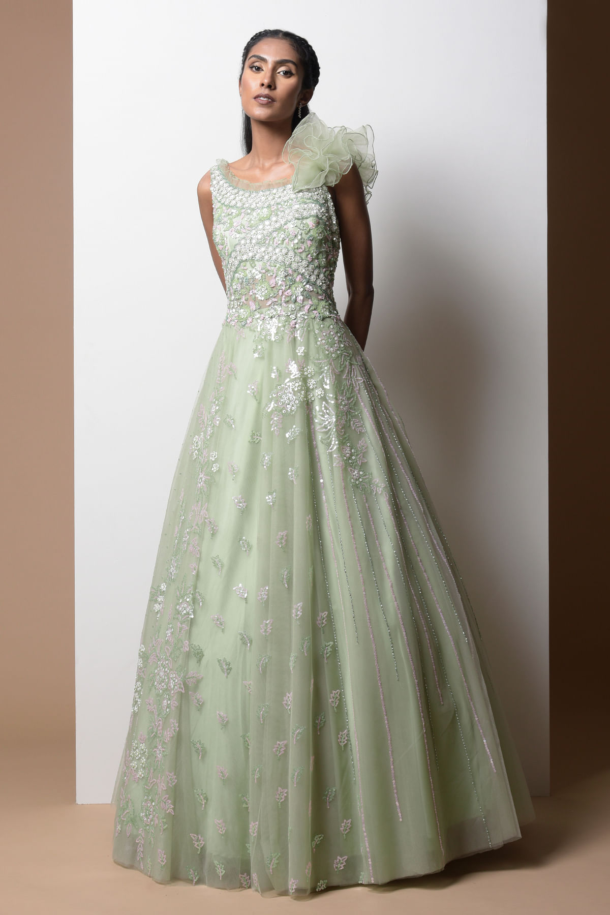 Buy Pastel Green Sequins Embroidered Net Evening Gown Online Samyakk