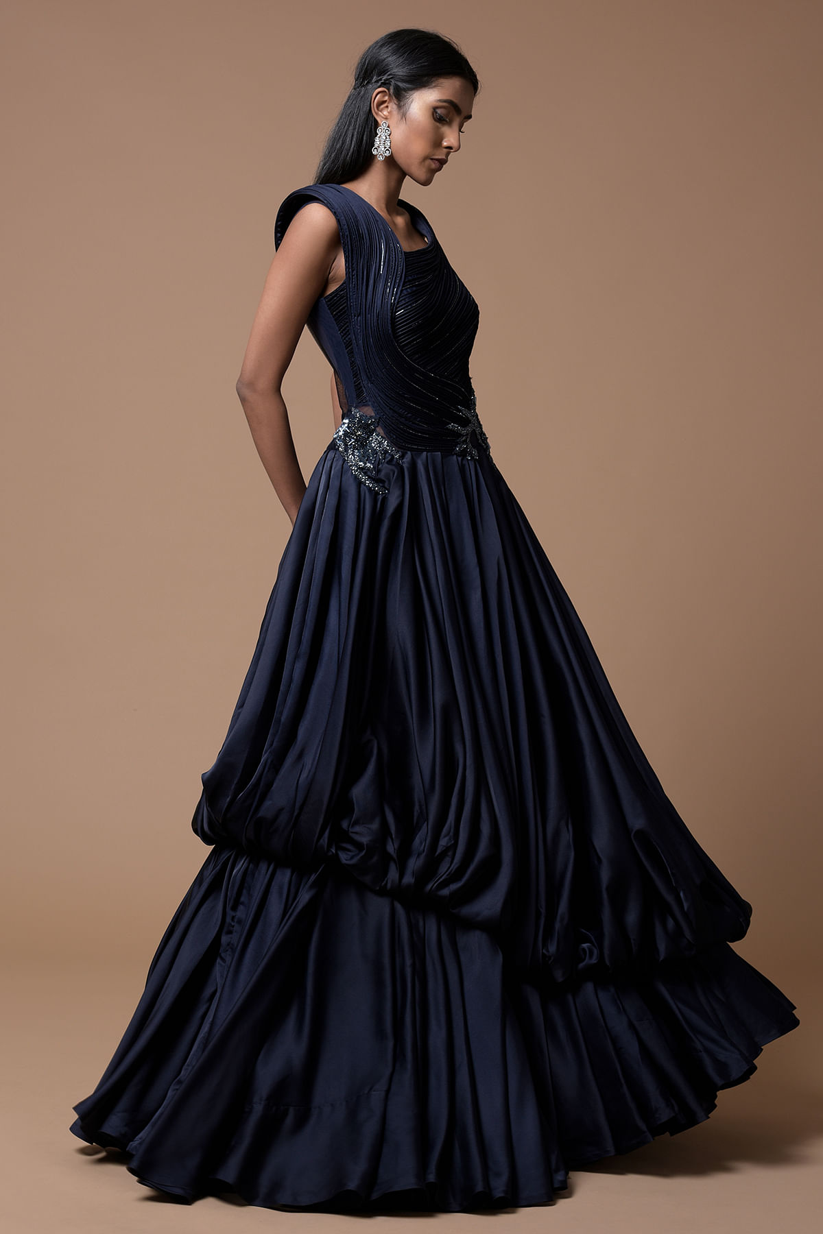 Buy Navy Blue Silk And Tafeta Party Gown With Embroidery