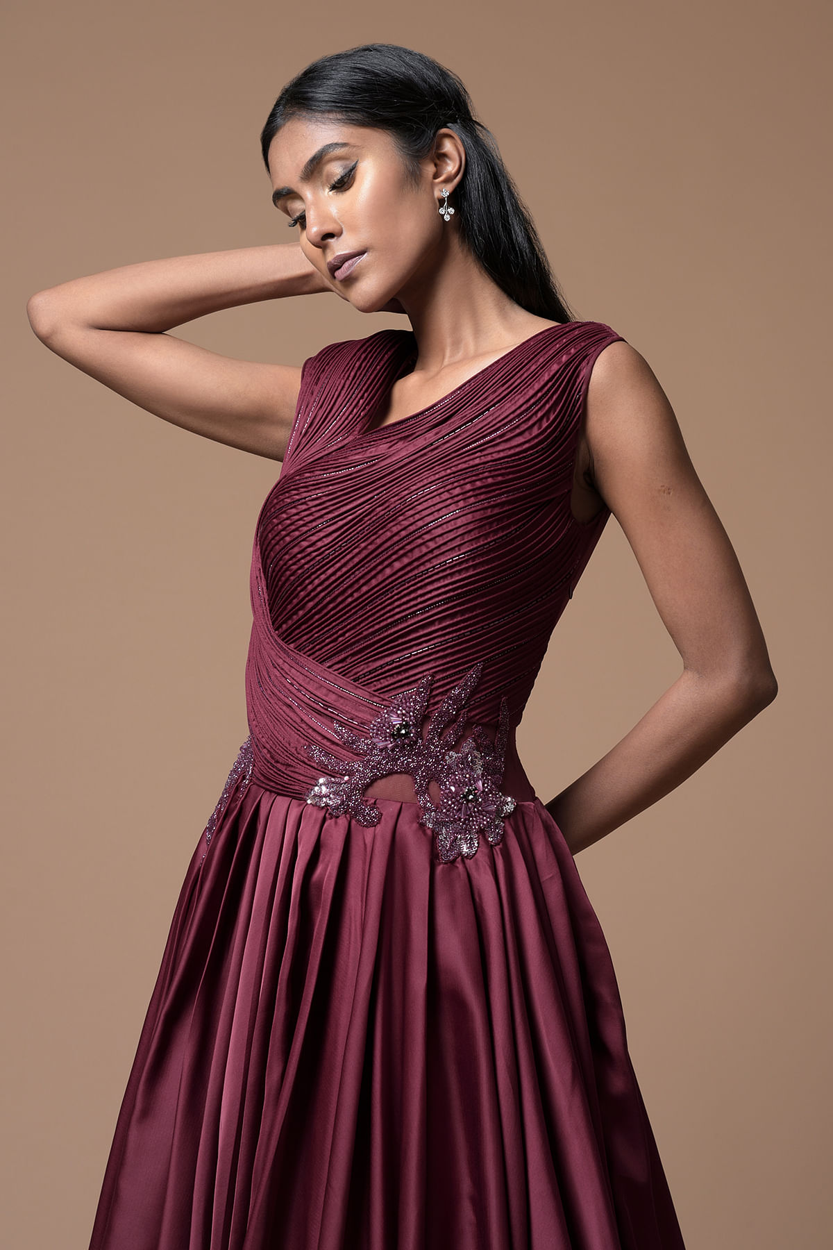 Buy Red Wine Sequins Embroidered Satin Silk Evening Gown Online