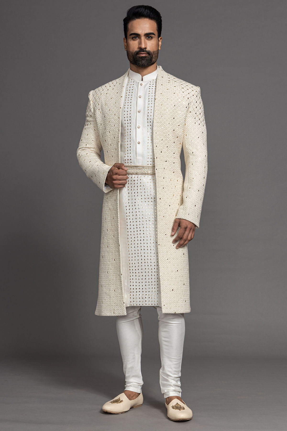 Buy White Thread Embroidered Silk Wedding Sherwani Online at Samyakk