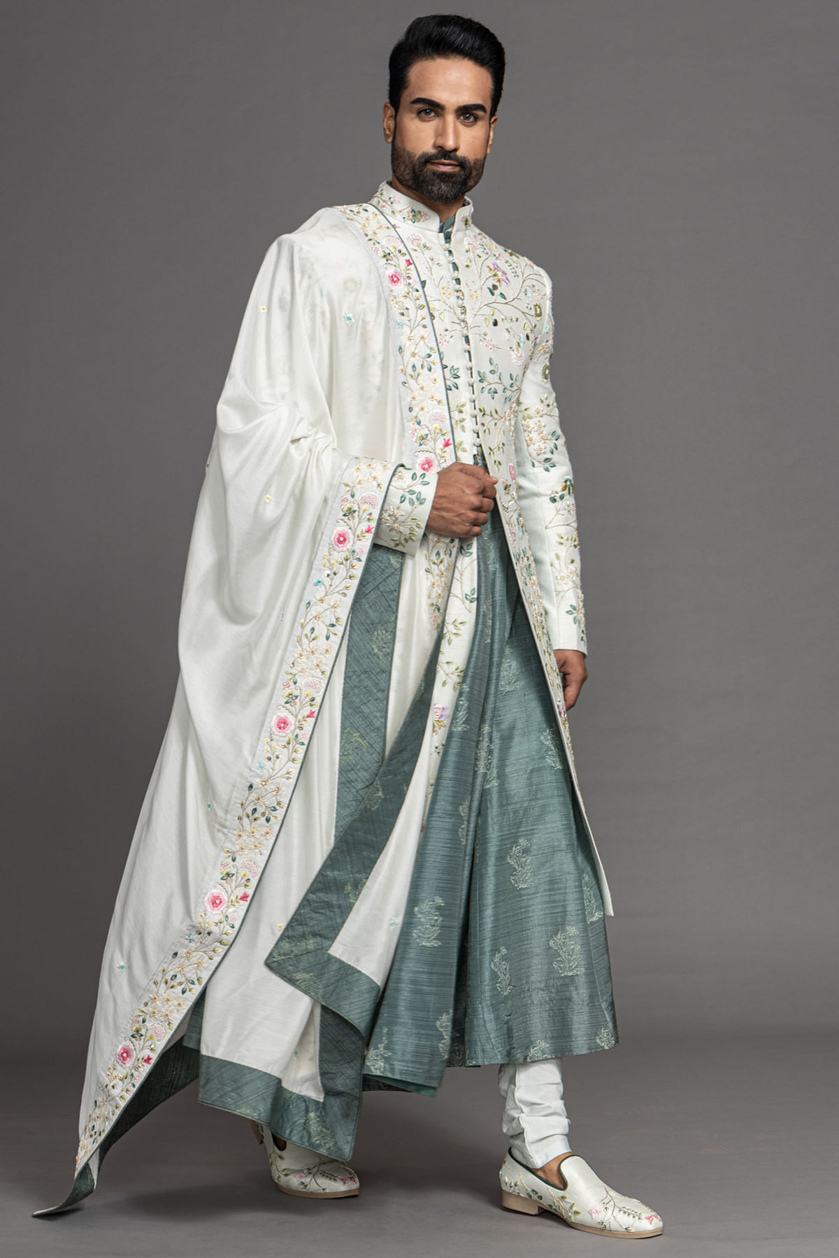 Buy Off-White Resham Embroidered Raw Silk Wedding Sherwani Online at Samyakk