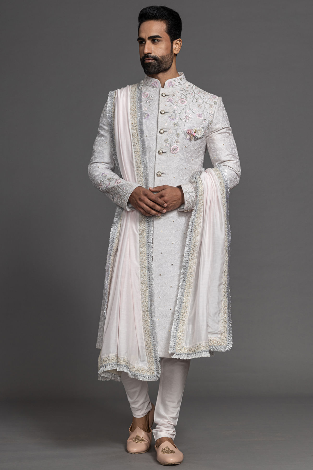 Buy Pastel Grey Resham Embroidered Raw Silk Wedding Sherwani Online at Samyakk