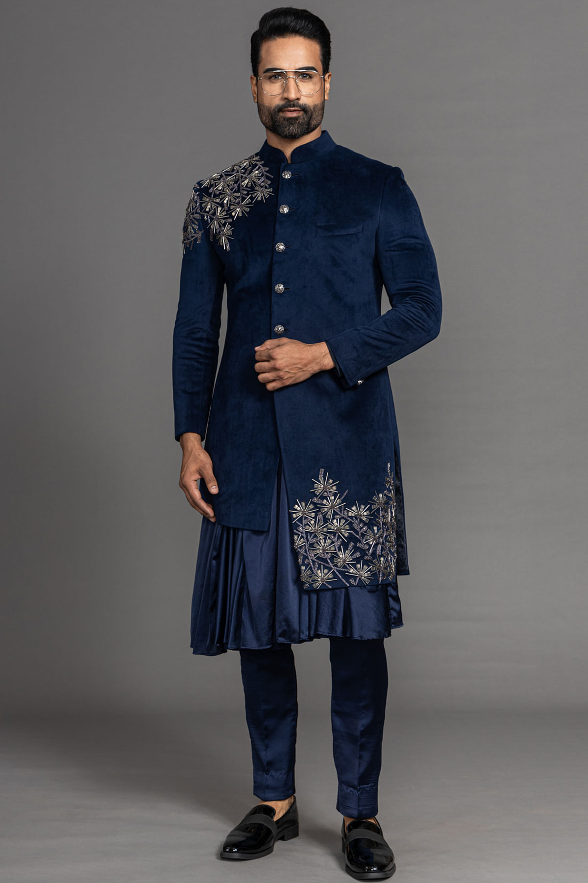 Buy Dark Navy Cutdana Embroidered Suede Indowestern Sherwani Online at Samyakk