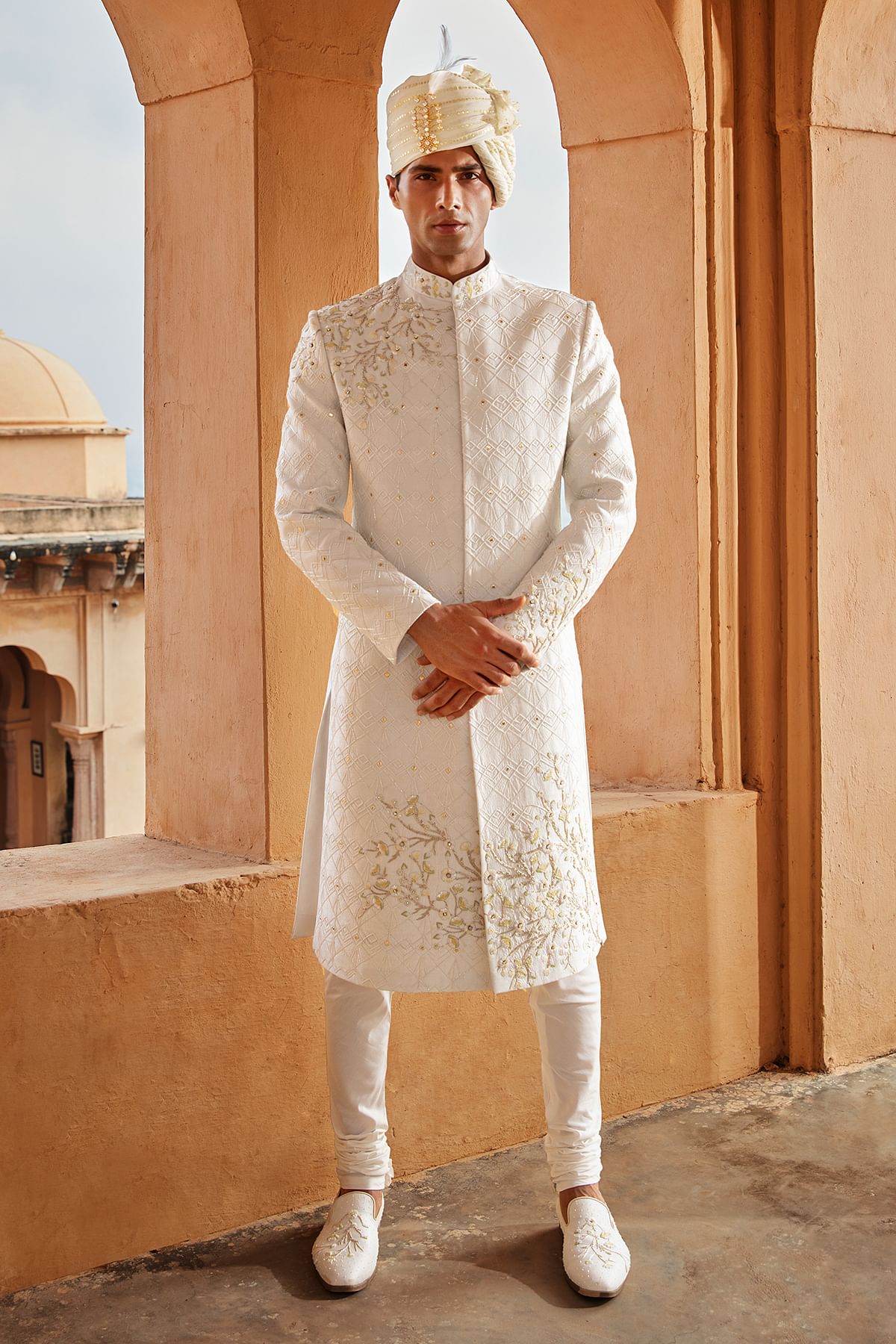 Off White Cutdana Silk Wedding Sherwani SH1424