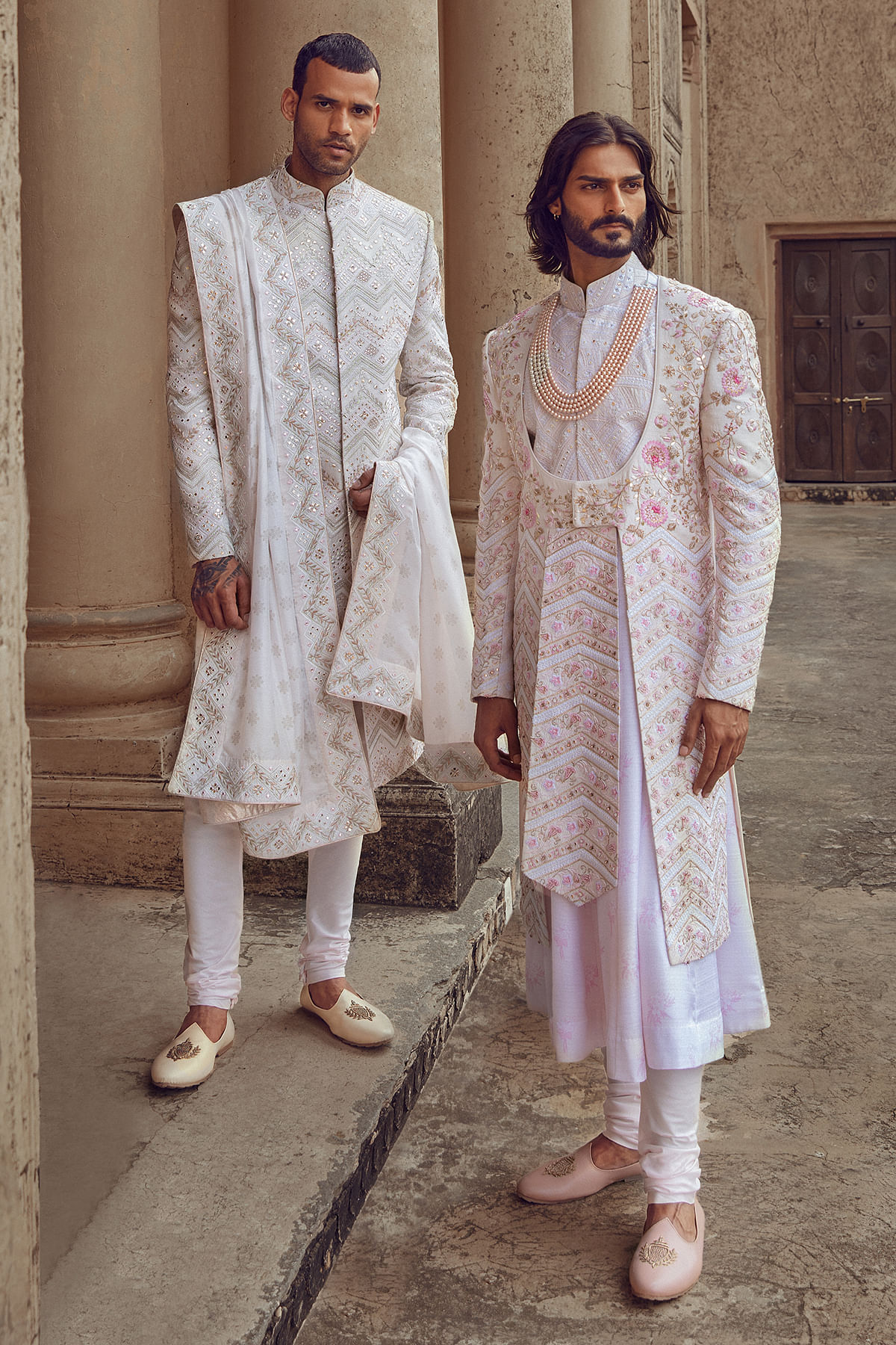 White Sequins Embroidered Silk Wedding Sherwani Online at Samyakk