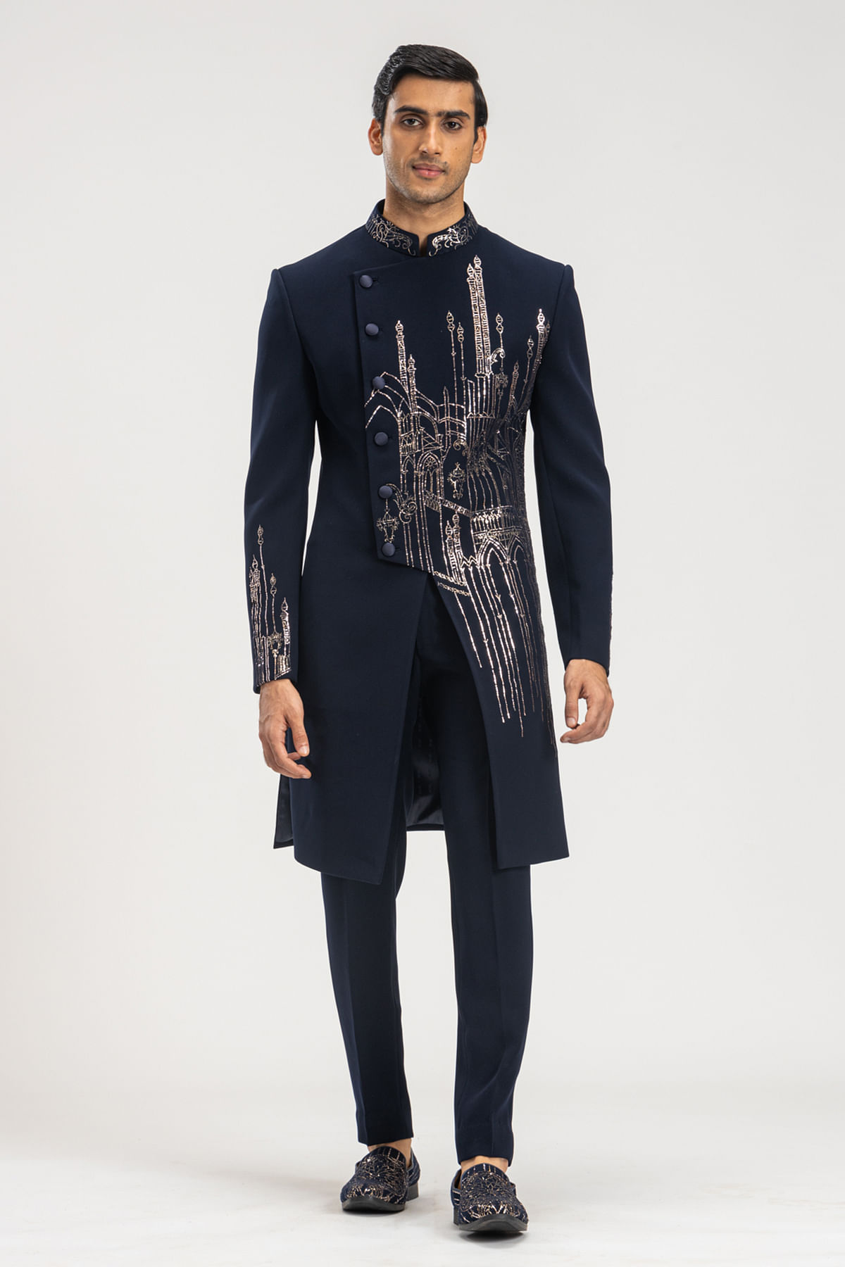 Buy Dark Midnight Blue Kamdhani Embroidered Italian Indowestern Sherwani Online at Samyakk