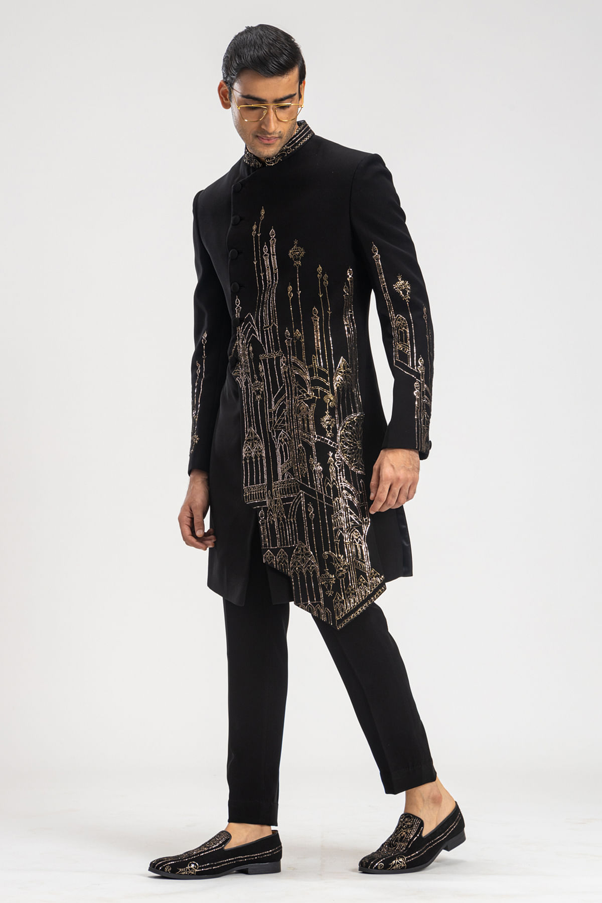 Buy Black Kamdhani Embroidered Italian Indowestern Sherwani Online at Samyakk