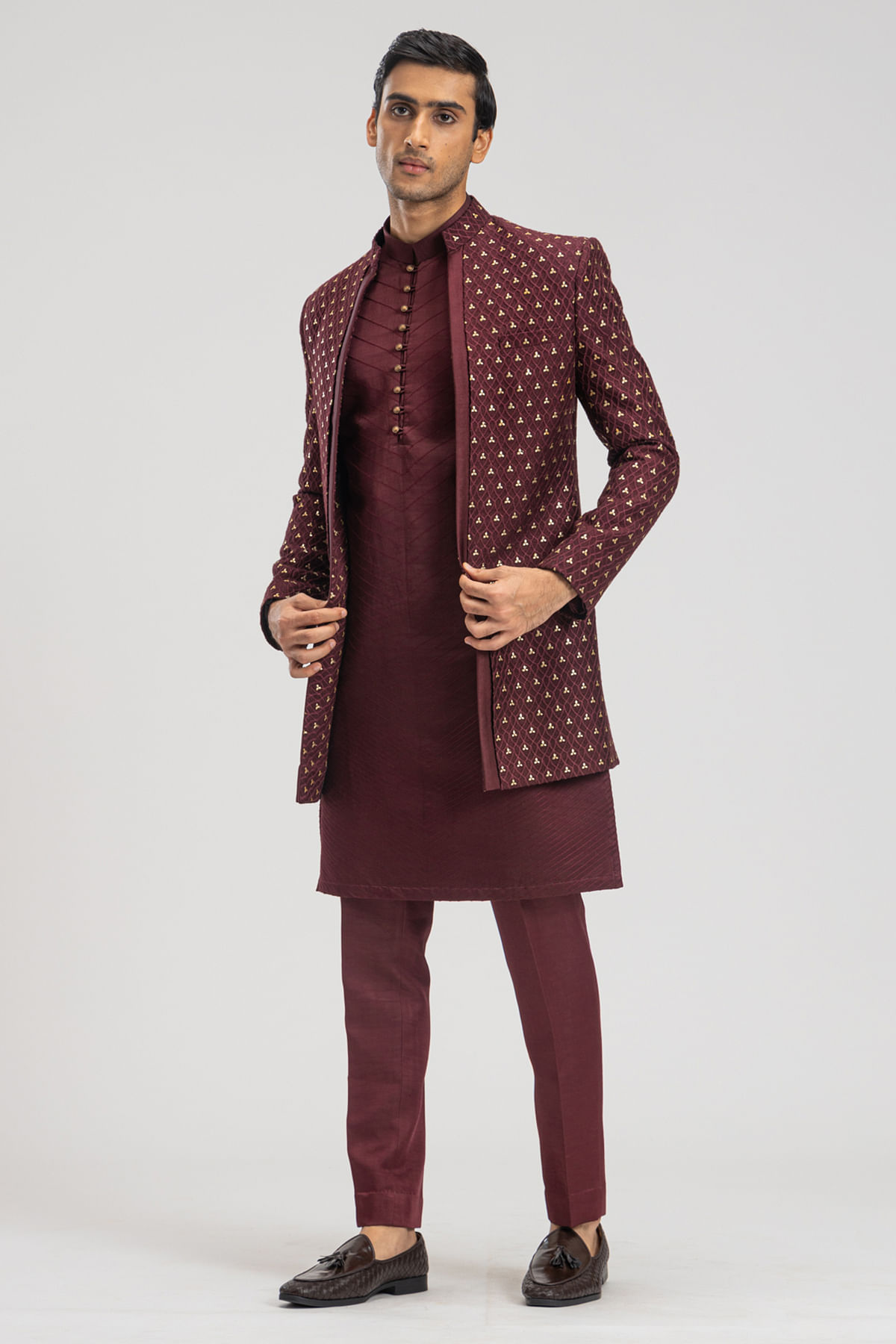 Buy Dark Maroon Red Resham Embroidered Raw Silk Indowestern Sherwani Online at Samyakk