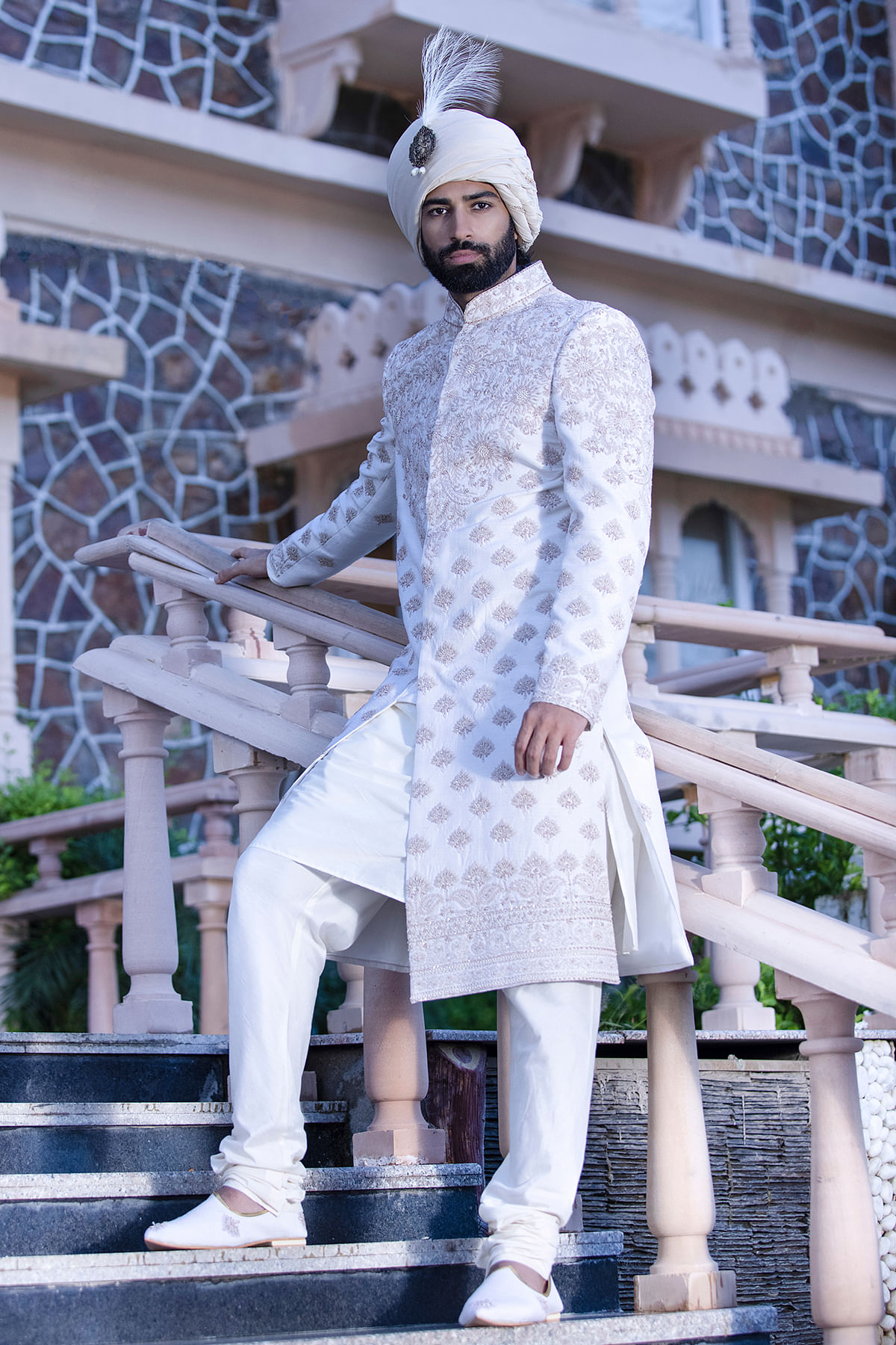 Off-White Wedding Sherwani With Safa