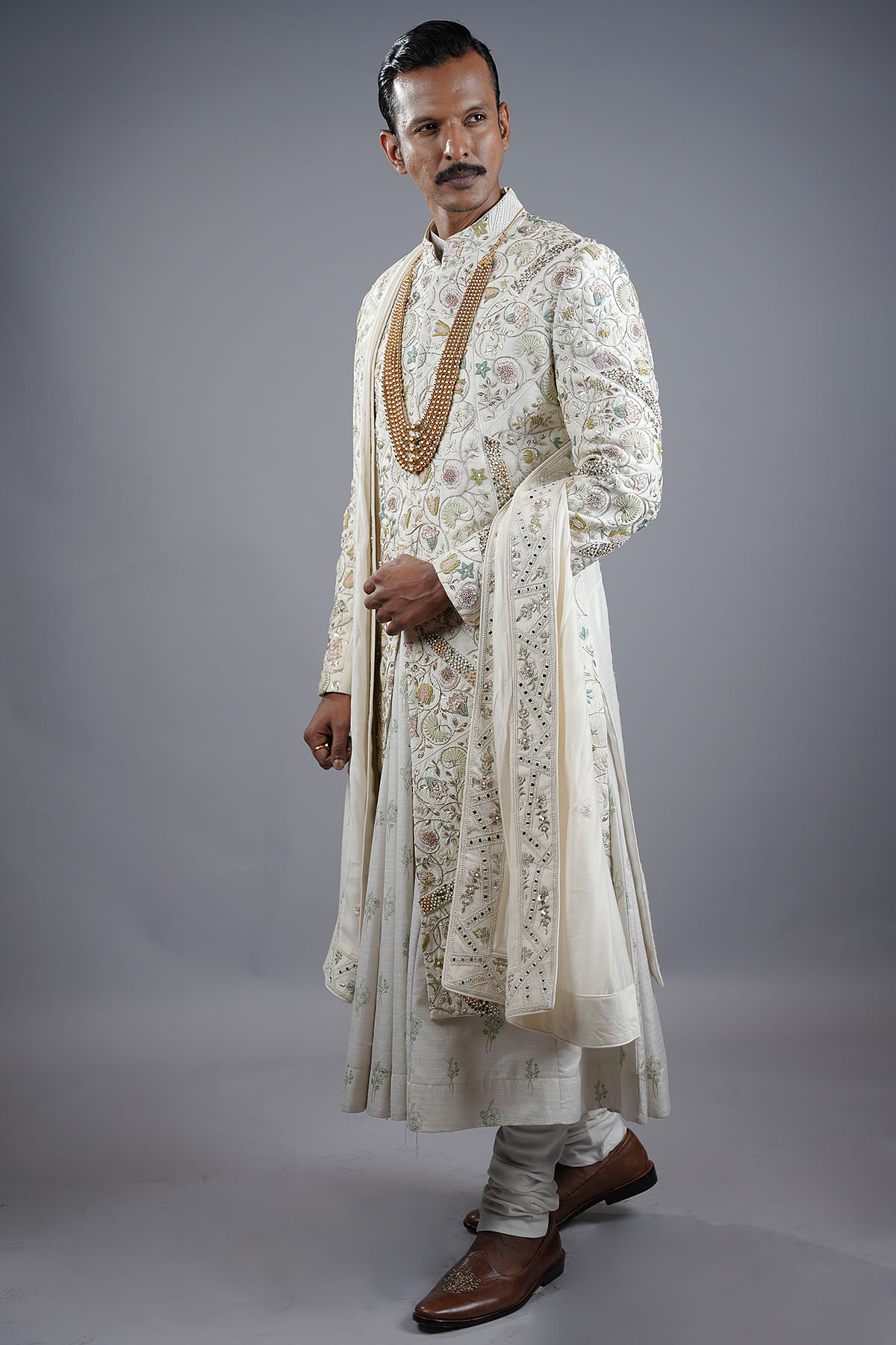 Buy Cream Resham Embroidered Raw Silk Wedding Sherwani Online at Samyakk