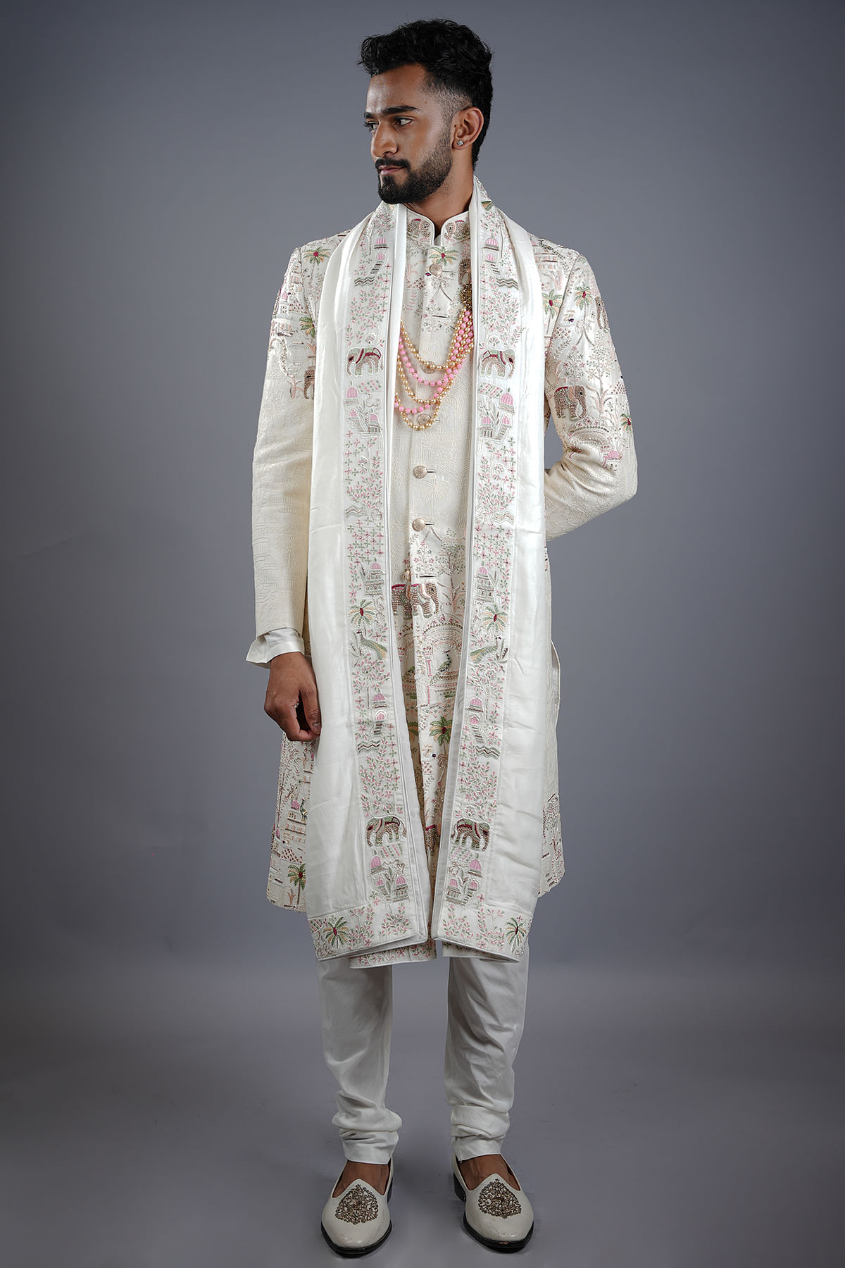 Cream Beige Zardosi Embroidered Raw Silk Wedding Sherwani