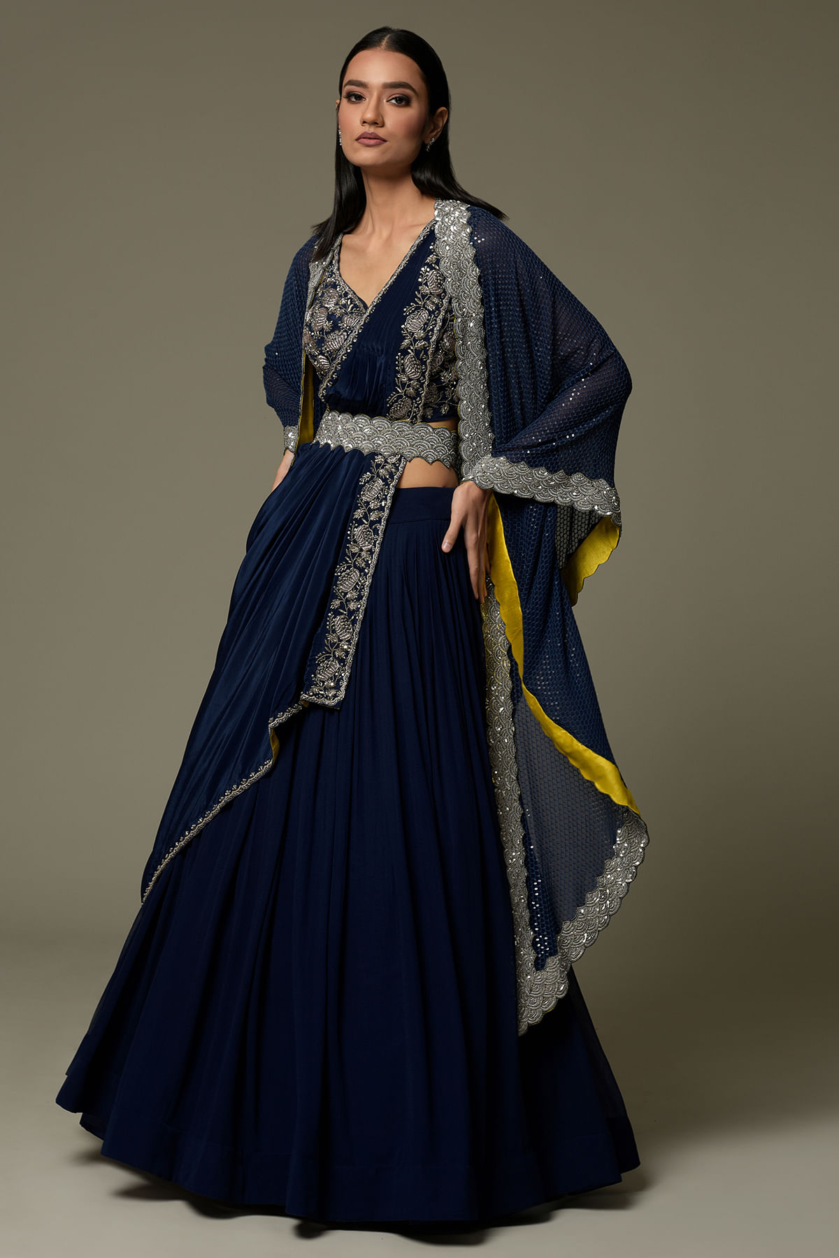 Dark Navy Blue Sequins Embroidered Georgette Designer Lehenga by Samyakk.com