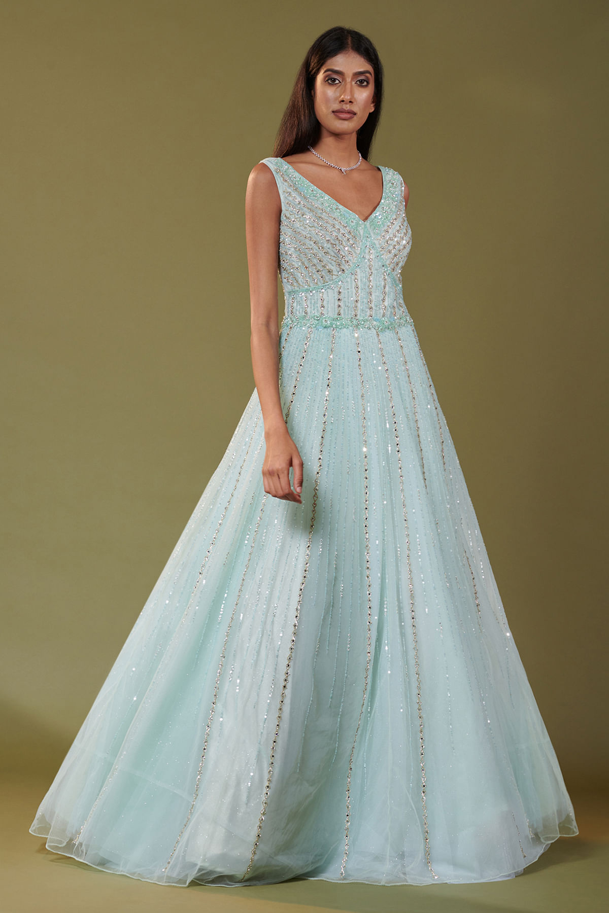 Mint Blue Mirror Embroidered Net Evening Gown Online at Samyakk