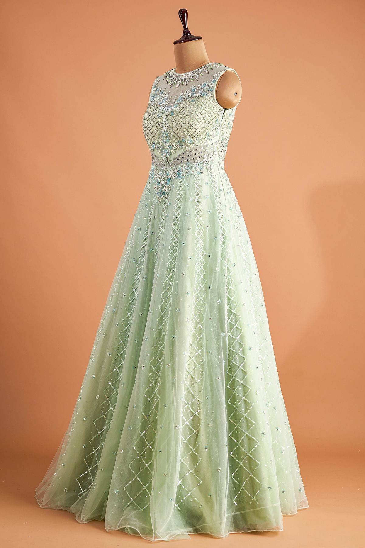 Light Pistachio Green Sequins Embroidered Net Evening Gown SI3555