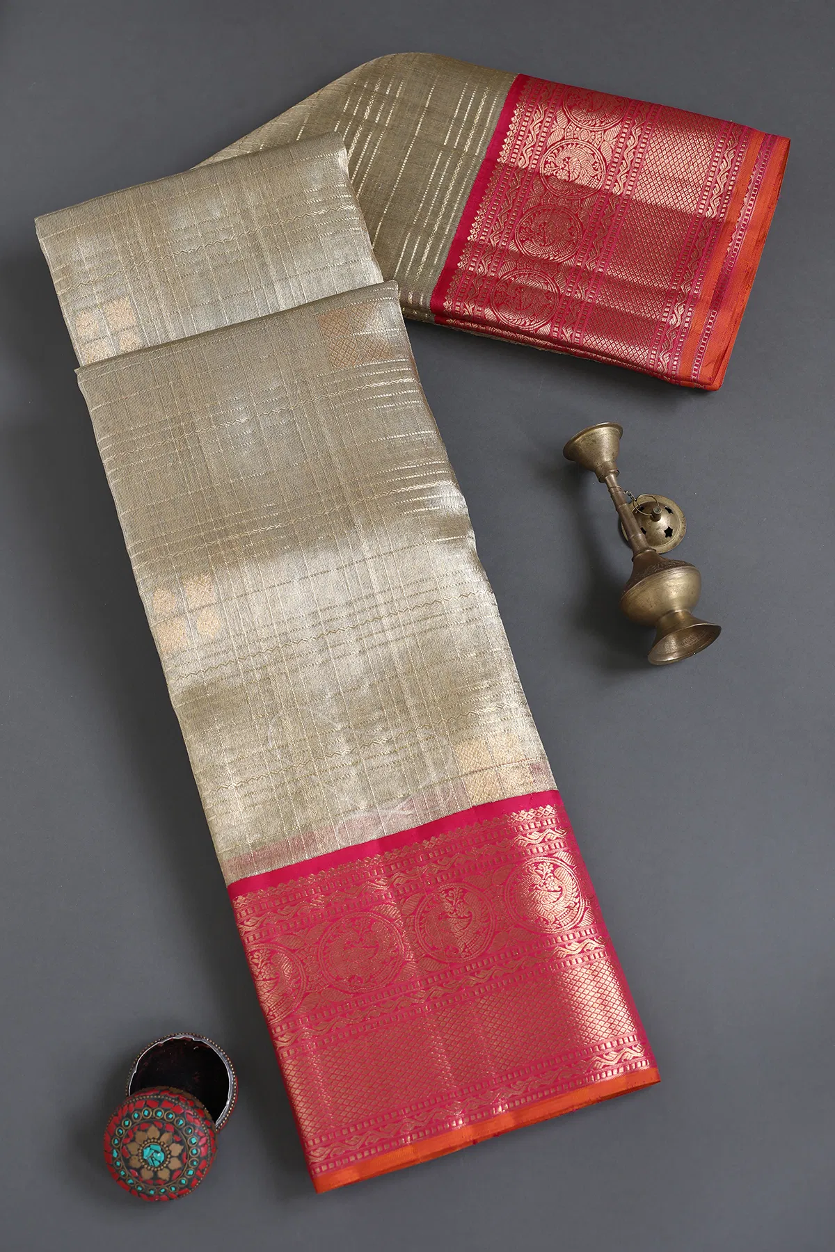 Silver and Gold Dual Tone Zari Woven Kanchipuram Tissue Saree with Korvai Border-KM00097