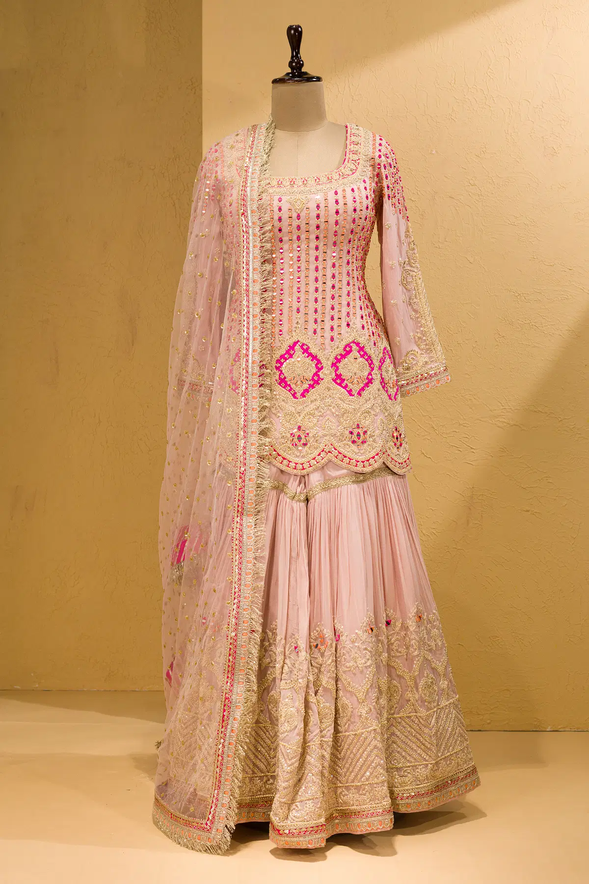 Silver Pink Georgette Sharara Suit With Mirror Work And Round Neck-GE3559