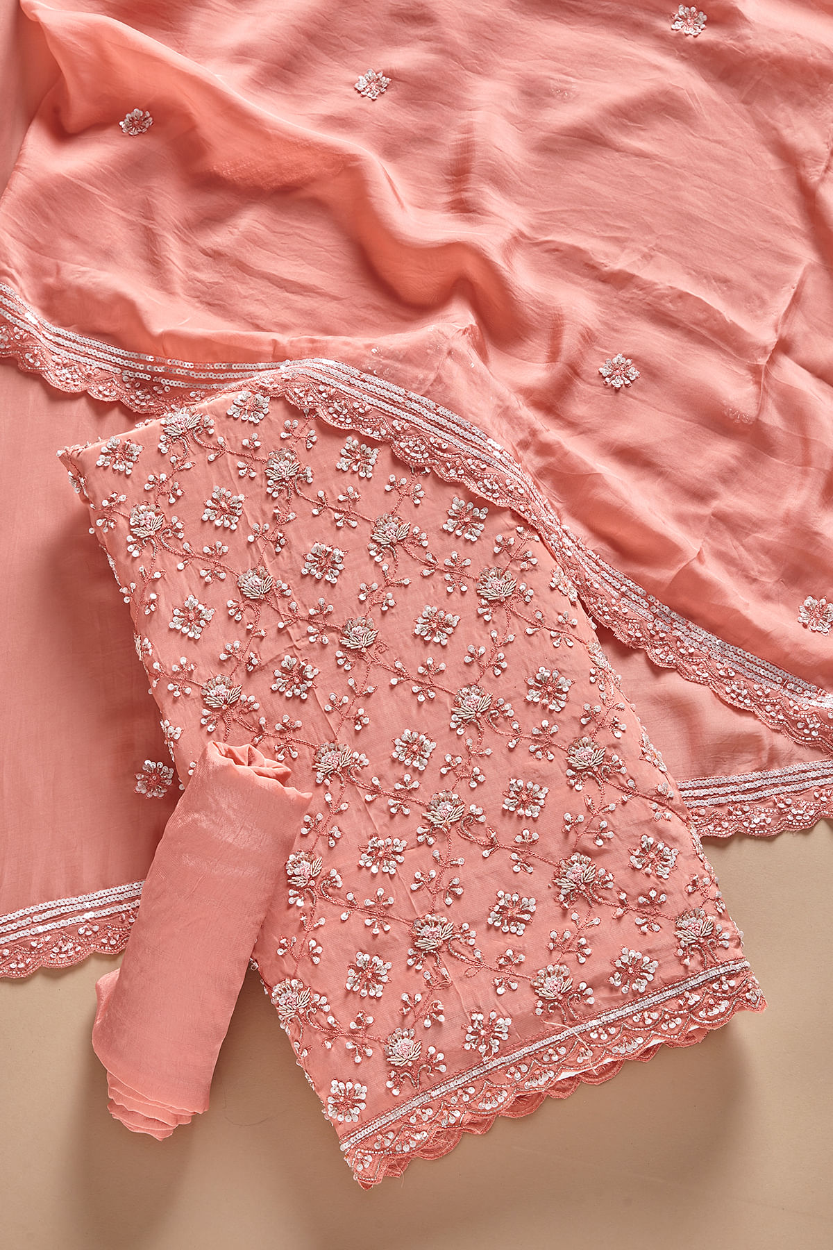 Coral Pink Sequins Embroidered Crepe Unstiched Salwar
