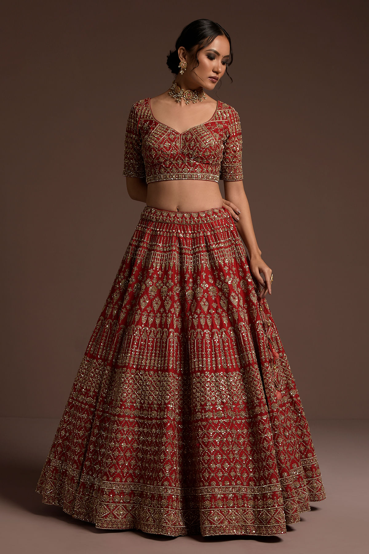 Buy Crimson Red Sequins Embroidered Raw Silk Bridal Lehenga Online at Samyakk