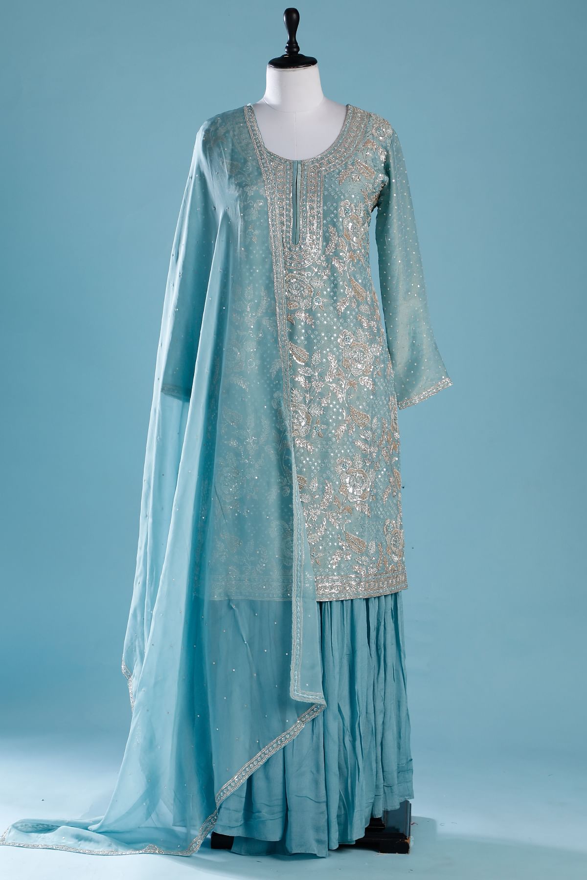 Sky Blue Tissue Sharara Suit with Sequins Embroidered Rose Motifs-GJ4131
