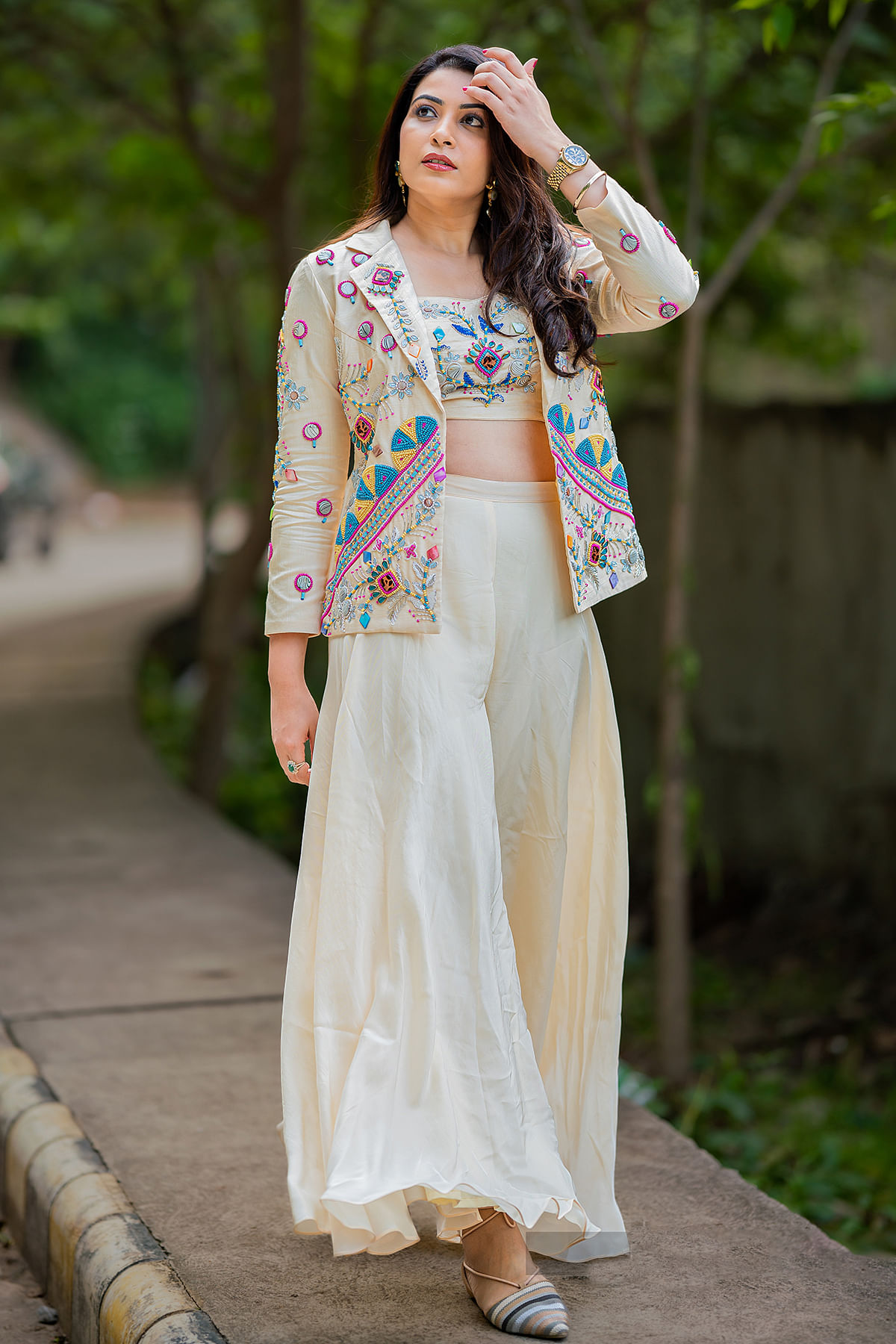 Yellow Cutdana Work Crop Top Palazzo Set in Satin with Printed Long Jacket