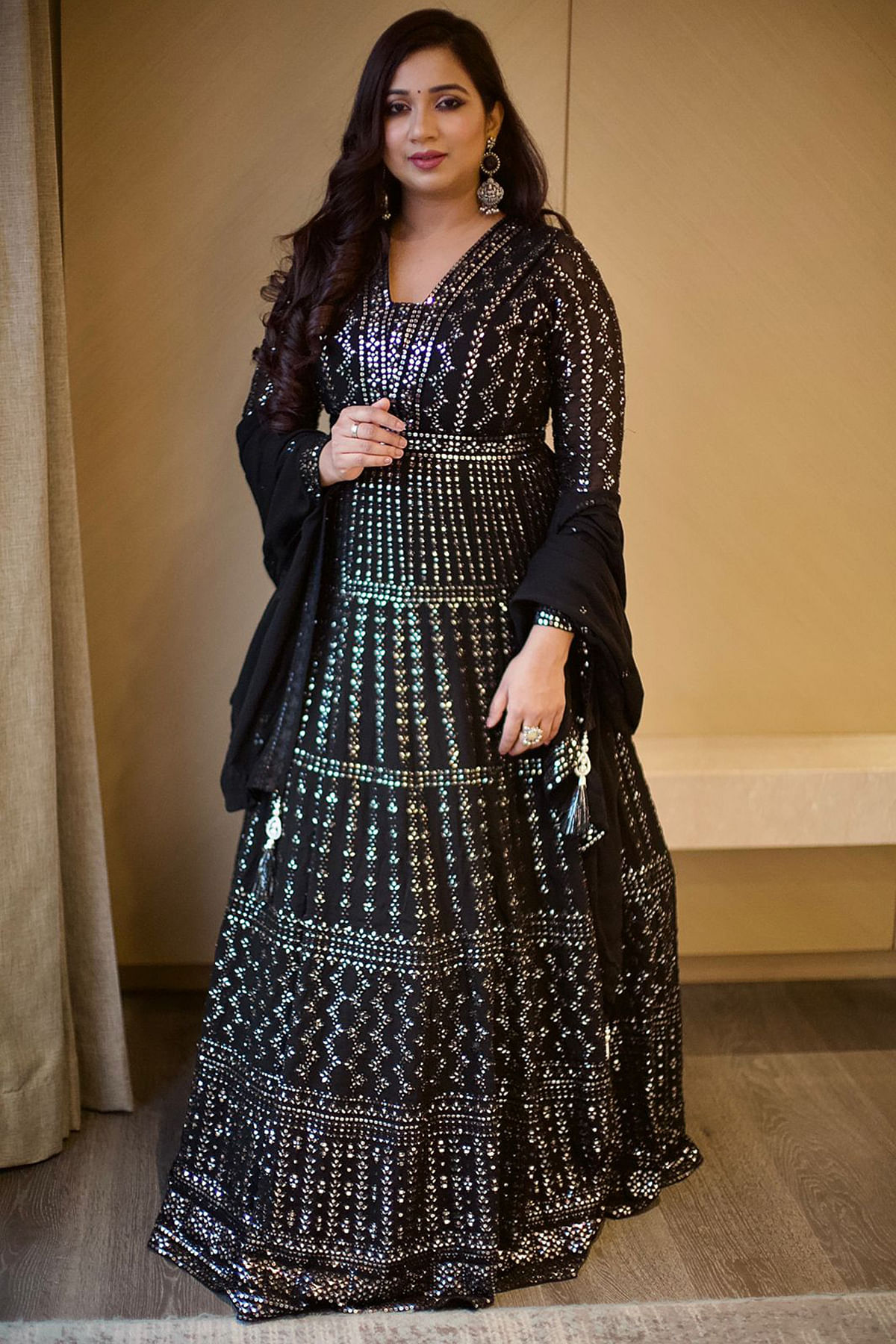 Shreya Ghoshal in Black Abla Embroidered Georgette Designer Salwar