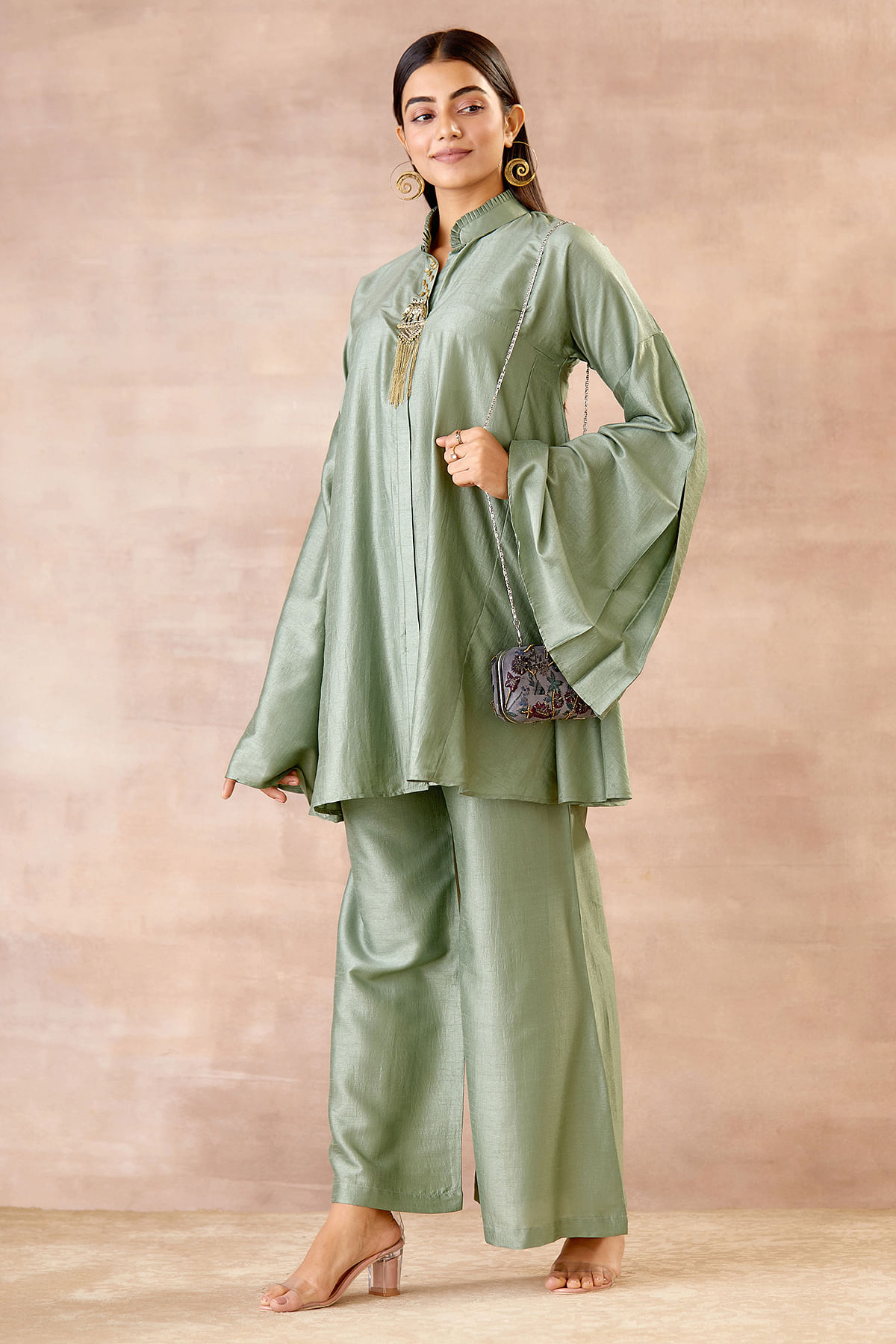 Buy Metallic Green Bead Embroidered Silk Party Wear Salwar Kameez Online at Samyakk