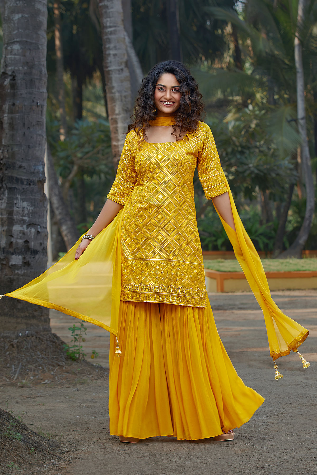 Yellow Embellished With Embroidered Georgette Sharara Suit