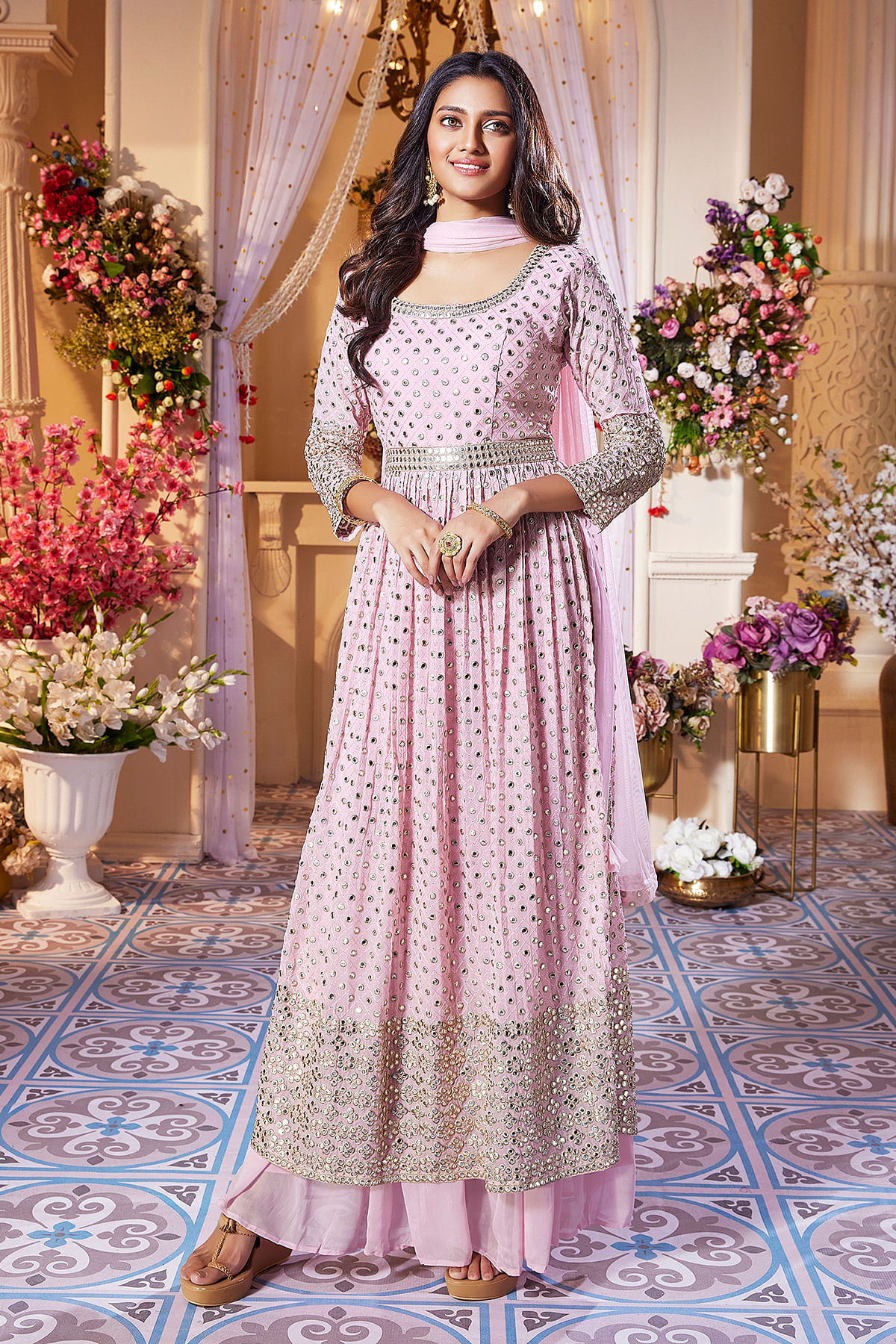 Baby Pink Abla Embroidered Georgette Palazzo Suit