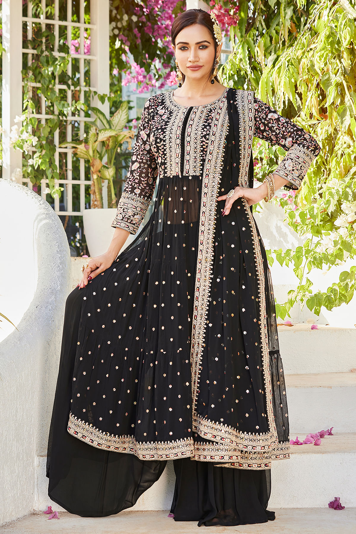 Black Resham Embroidered Georgette Palazzo Suit