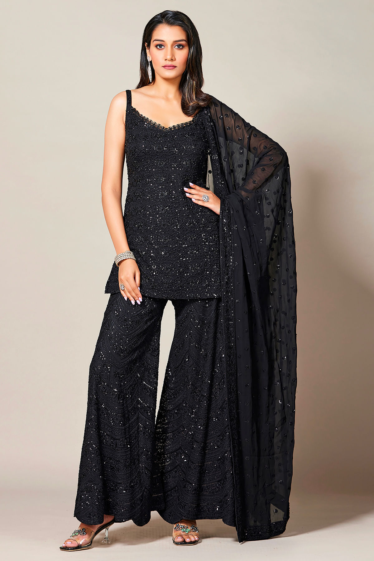 Black Sequins Embroidered Georgette Palazzo Suit