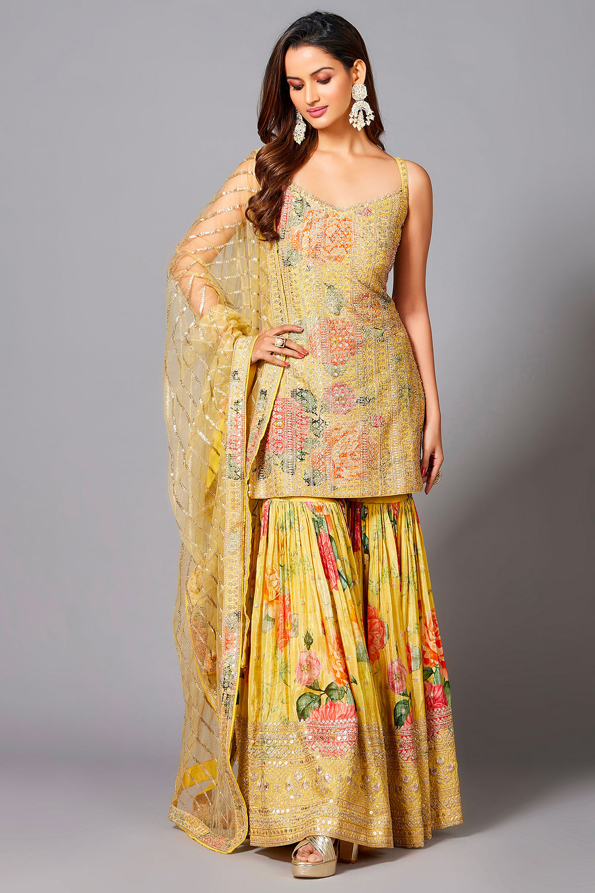 Passion Fruit Yellow Sequins Embroidered Crepe Sharara Suit