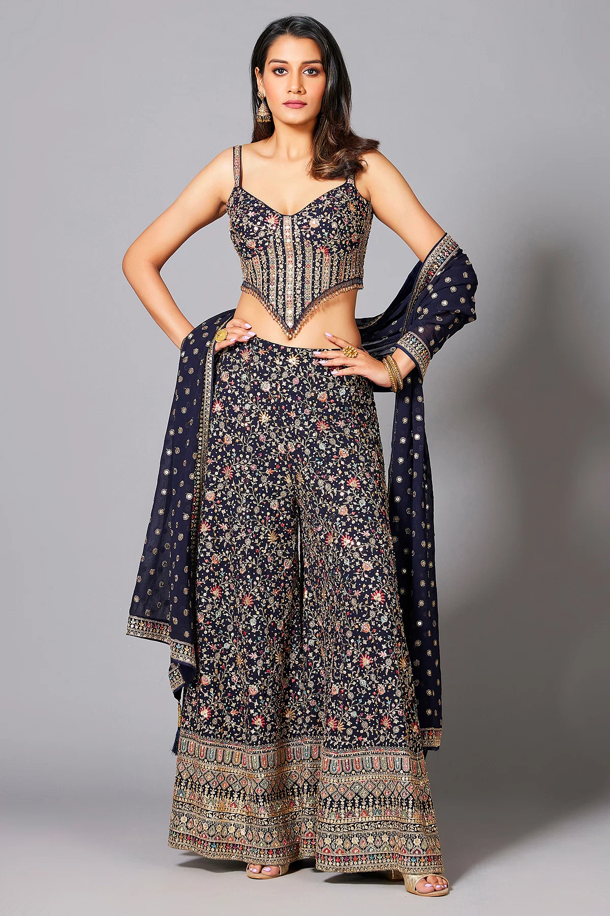 Navy Blue Sequins Embroidered Georgette Palazzo Suit