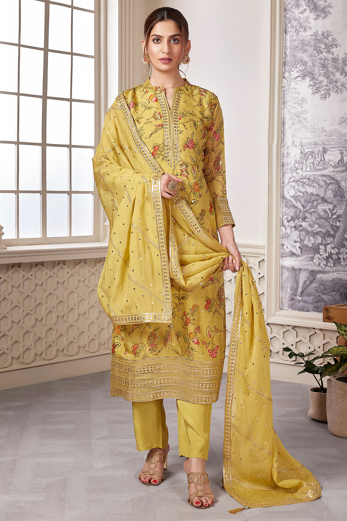 Misted Yellow Printed Silk Straight Cut Suit