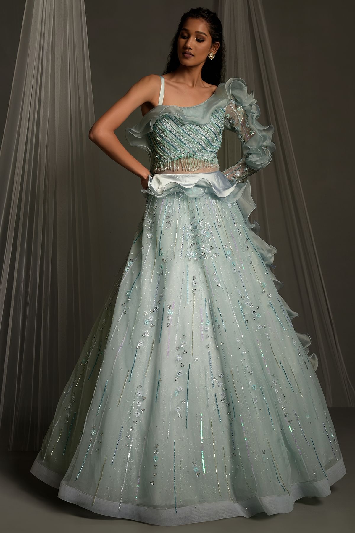 Buy Pastel Blue Sequins Embroidered Net Indowestern Gown Online