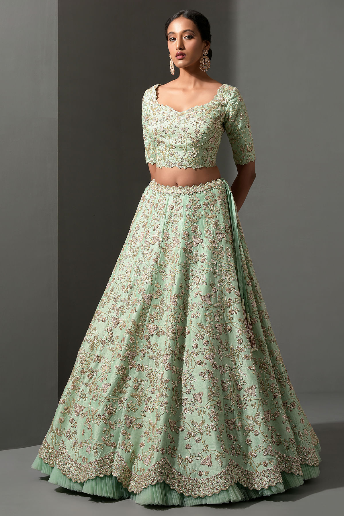 Mint Green Zardosi Embroidered Silk Bridal Lehenga