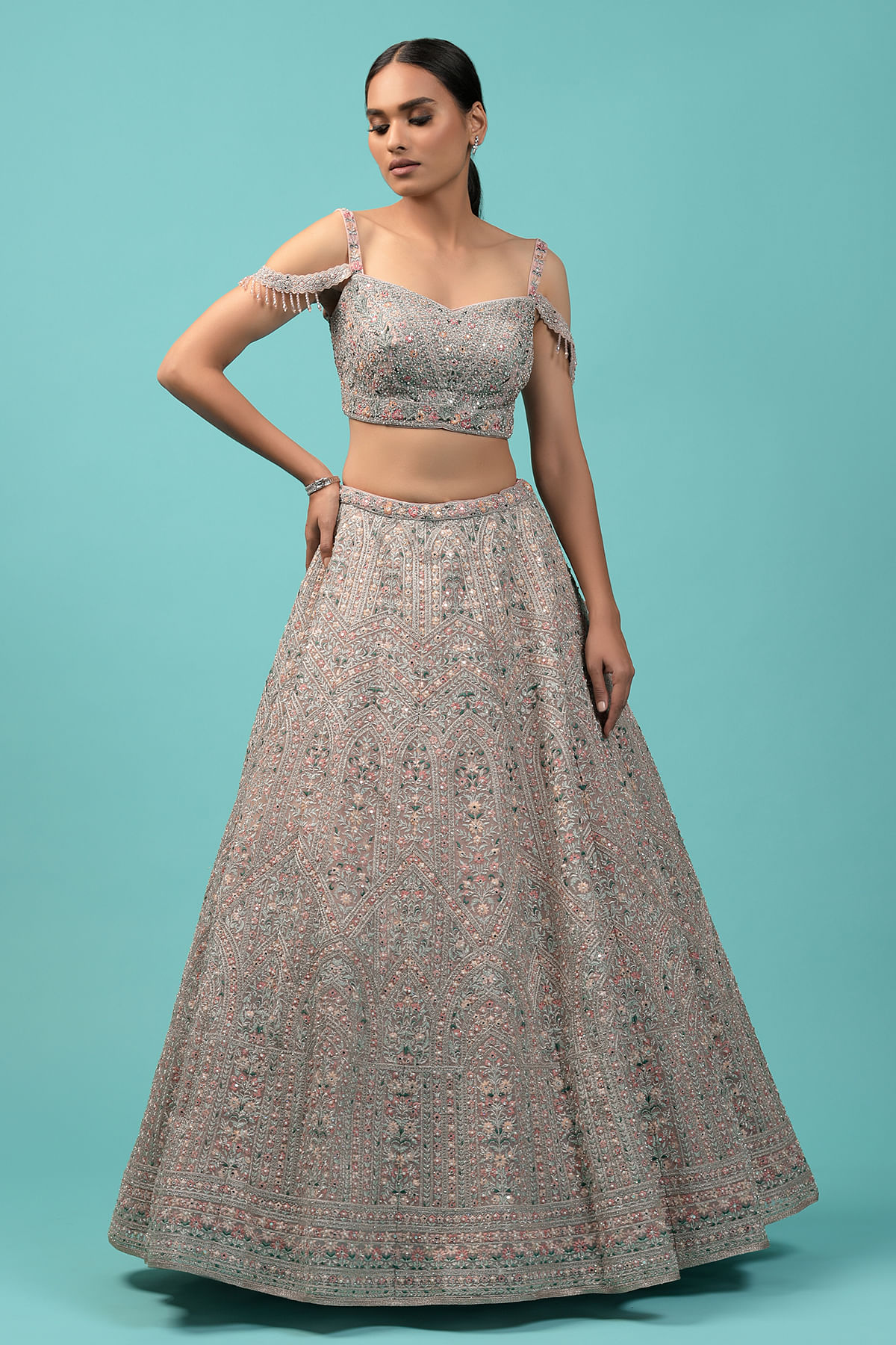 Peach Resham Embroidered Net Bridesmaids Lehenga Online at Samyakk