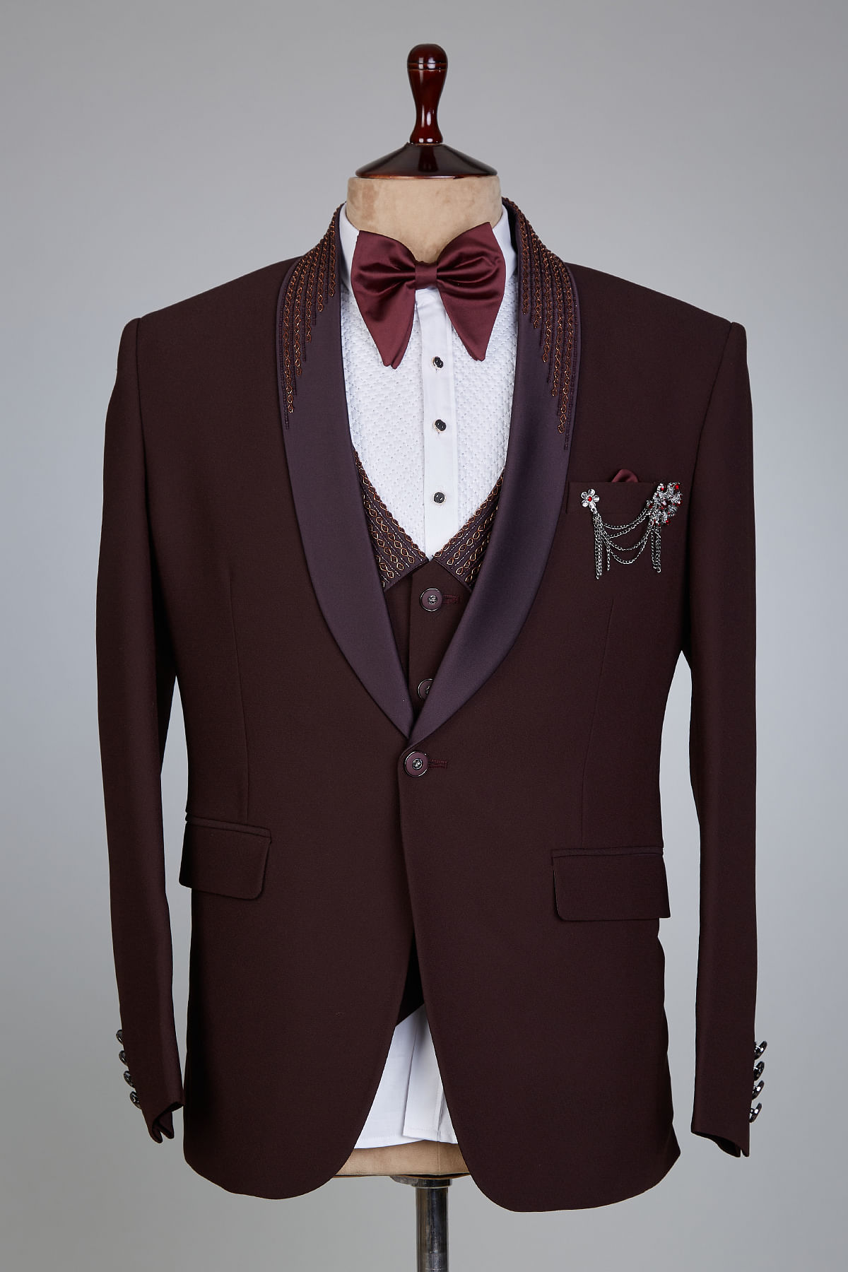 Barry.wang Men's Suit Chocolate Brown Solid Silk Peak Collar Suit