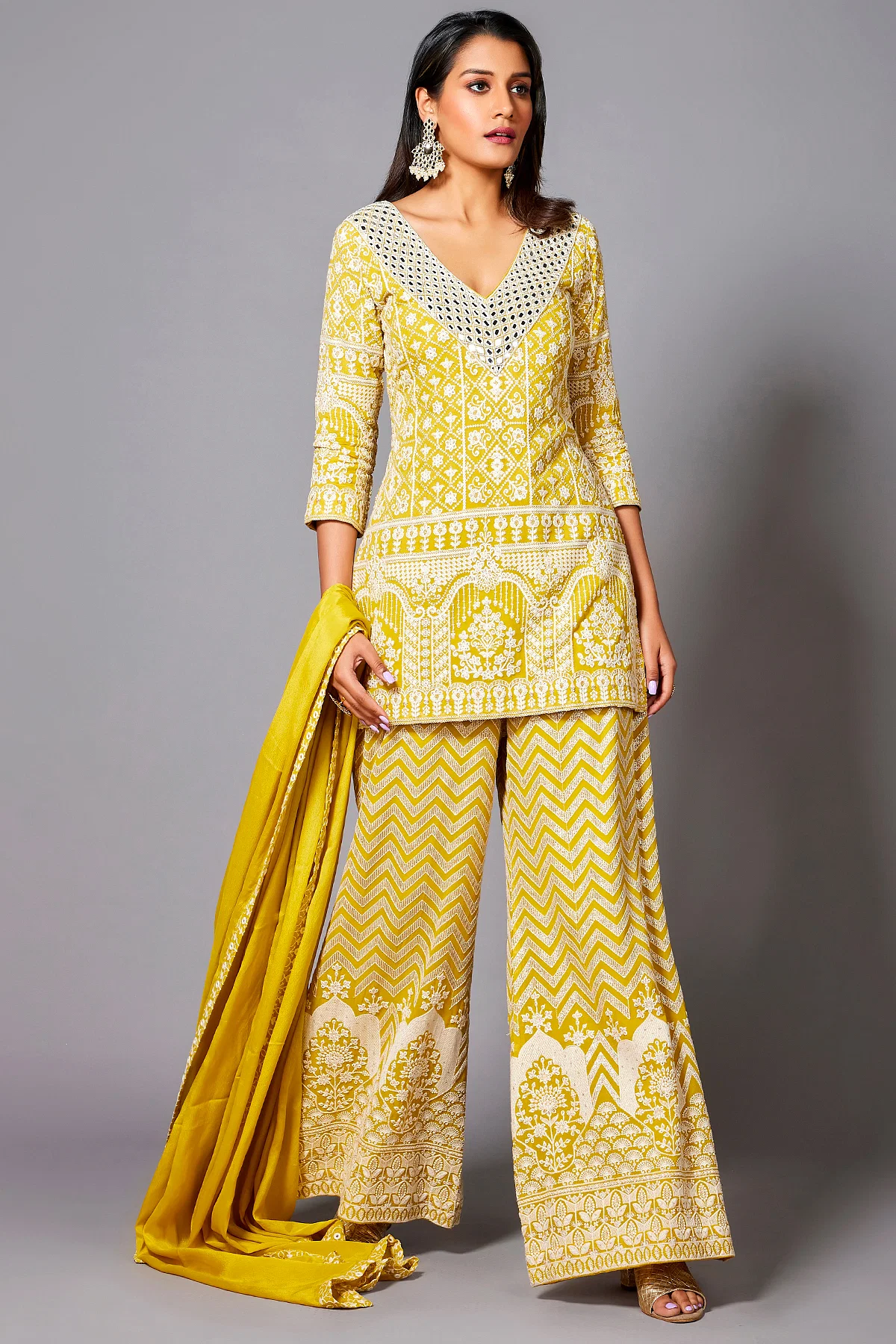 Buy Spicy Mustard Yellow Resham Embroidered Georgette Palazzo Suit Online at Samyakk