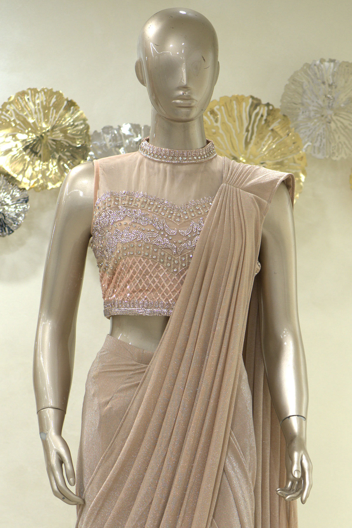 CHAMPAGNE BEIGE GOTAPATTI SAREE SET - The Home Affair