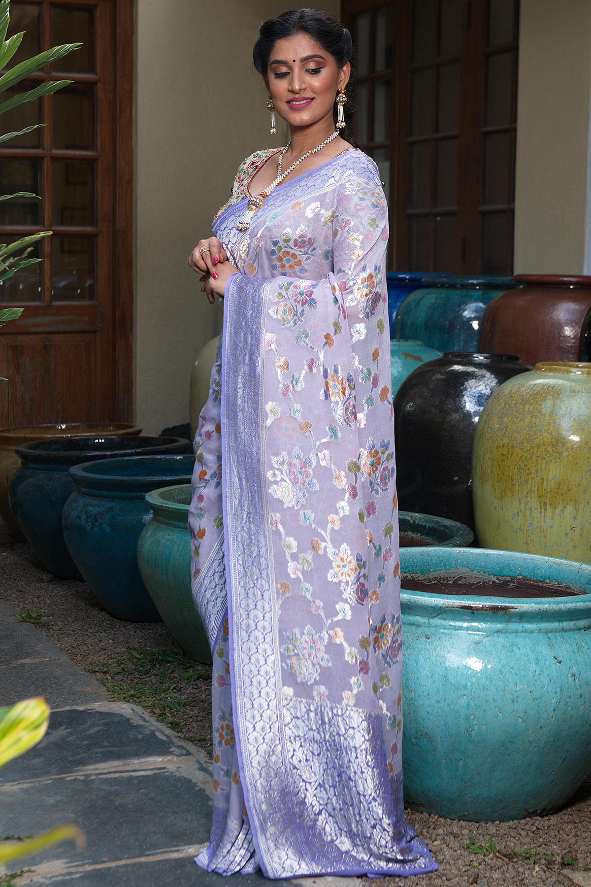 Lavender Zari woven Georgette Saree Online at Samyakk