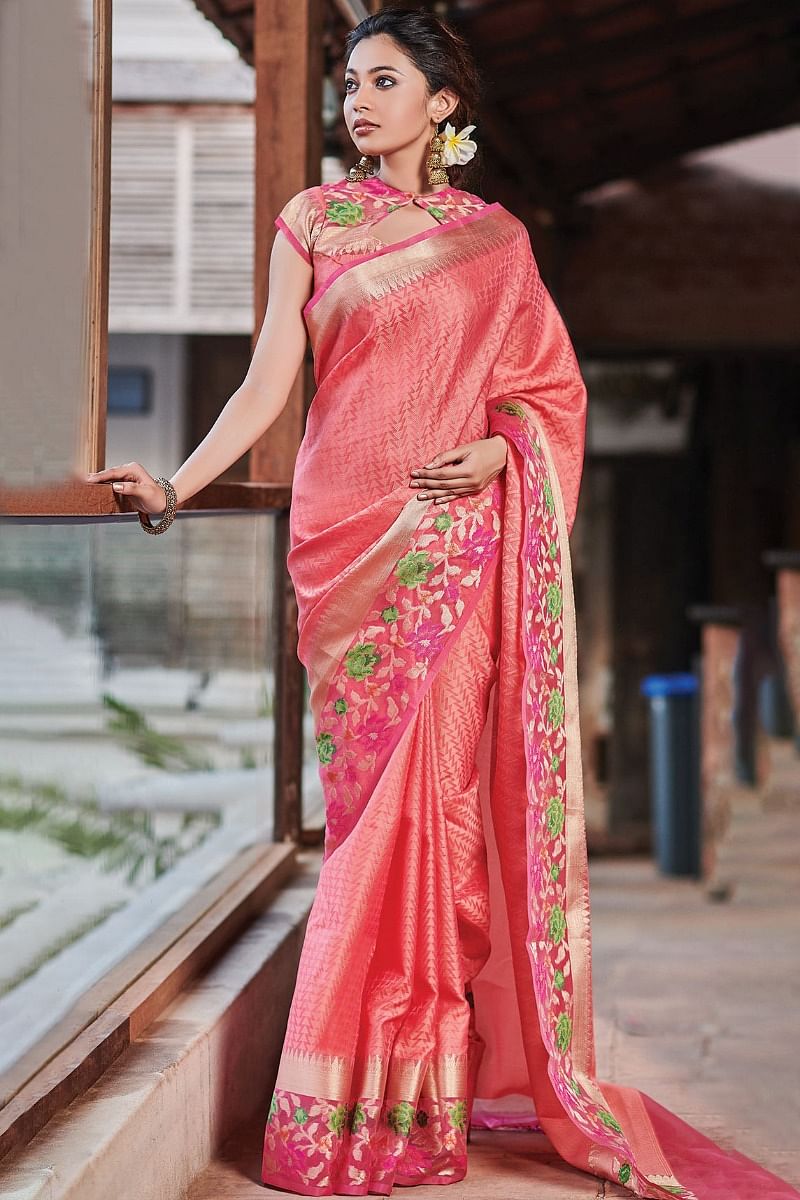 Vishal Prints Coral Pink Printed Georgette Saree With Fancy Border