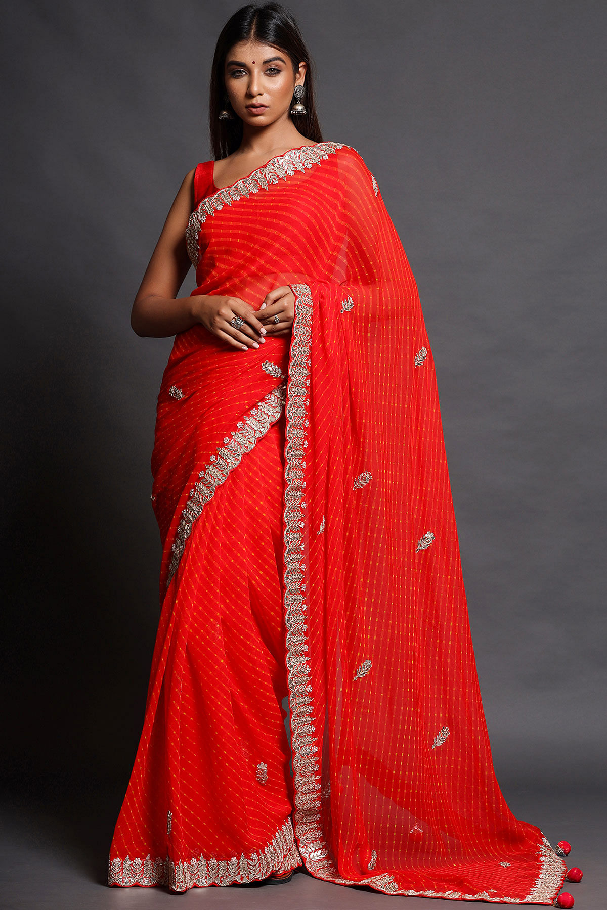 Buy Red & Yellow Gota Embroidered Chiffon Saree Online At Samyakk