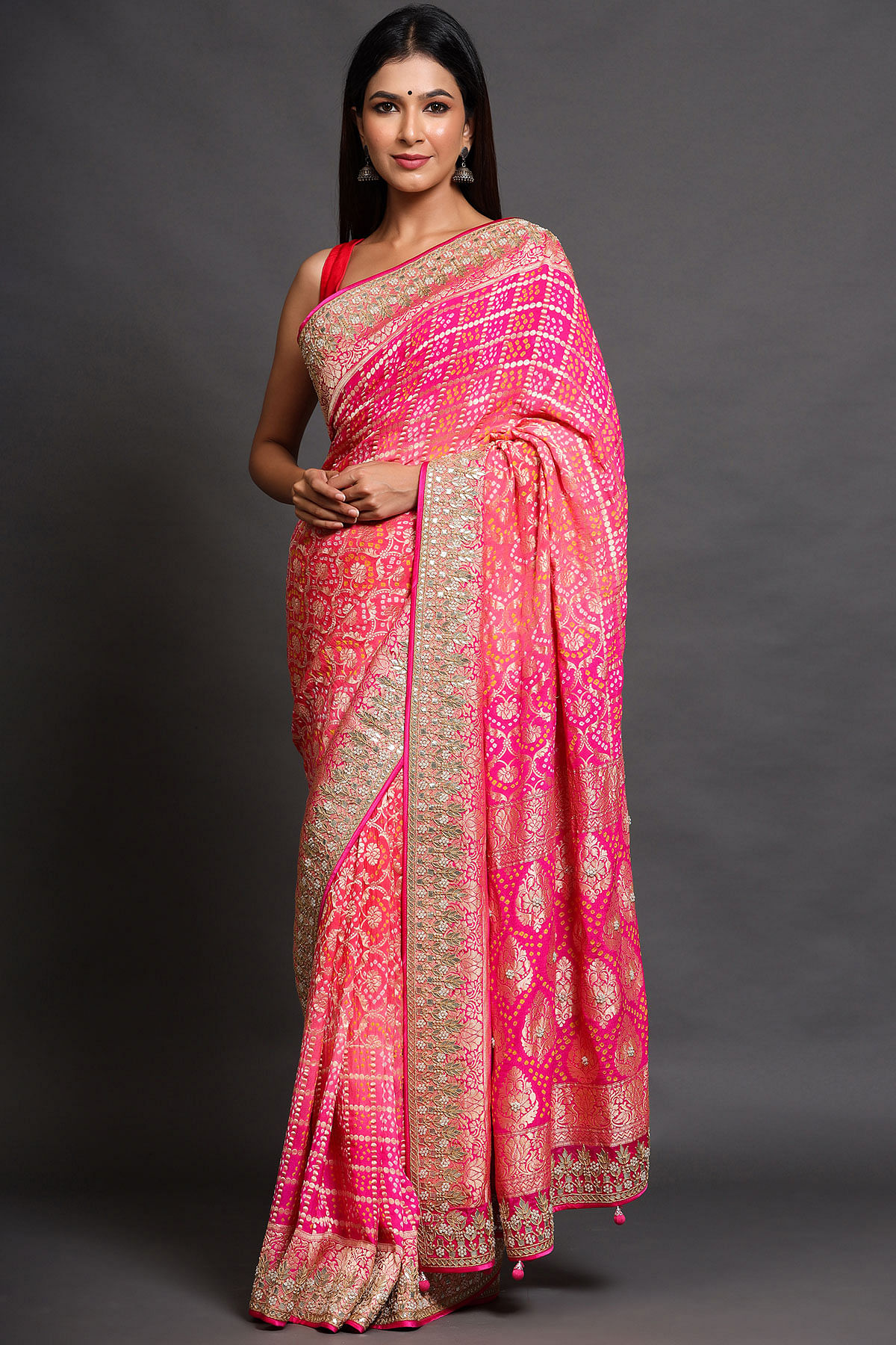 Shop Online Stone Satin Silk Trendy Saree in Hot Pink : 264023 -