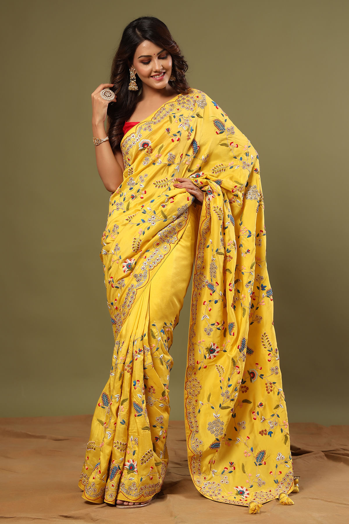 Buy Cyber Yellow Thread Embroidered Tussar Silk Saree Online at Samyakk