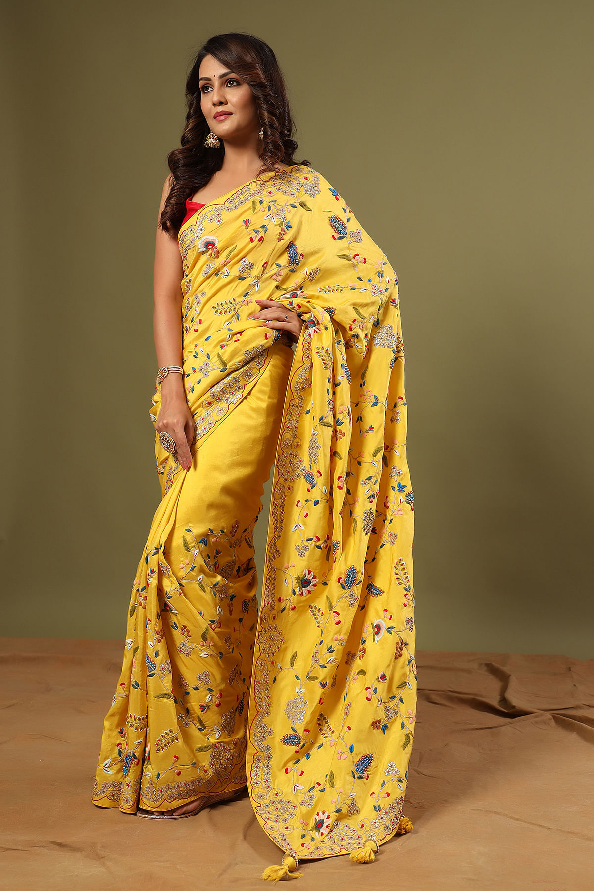 Cyber Yellow Thread Embroidered Tussar Silk Saree Online at Samyakk