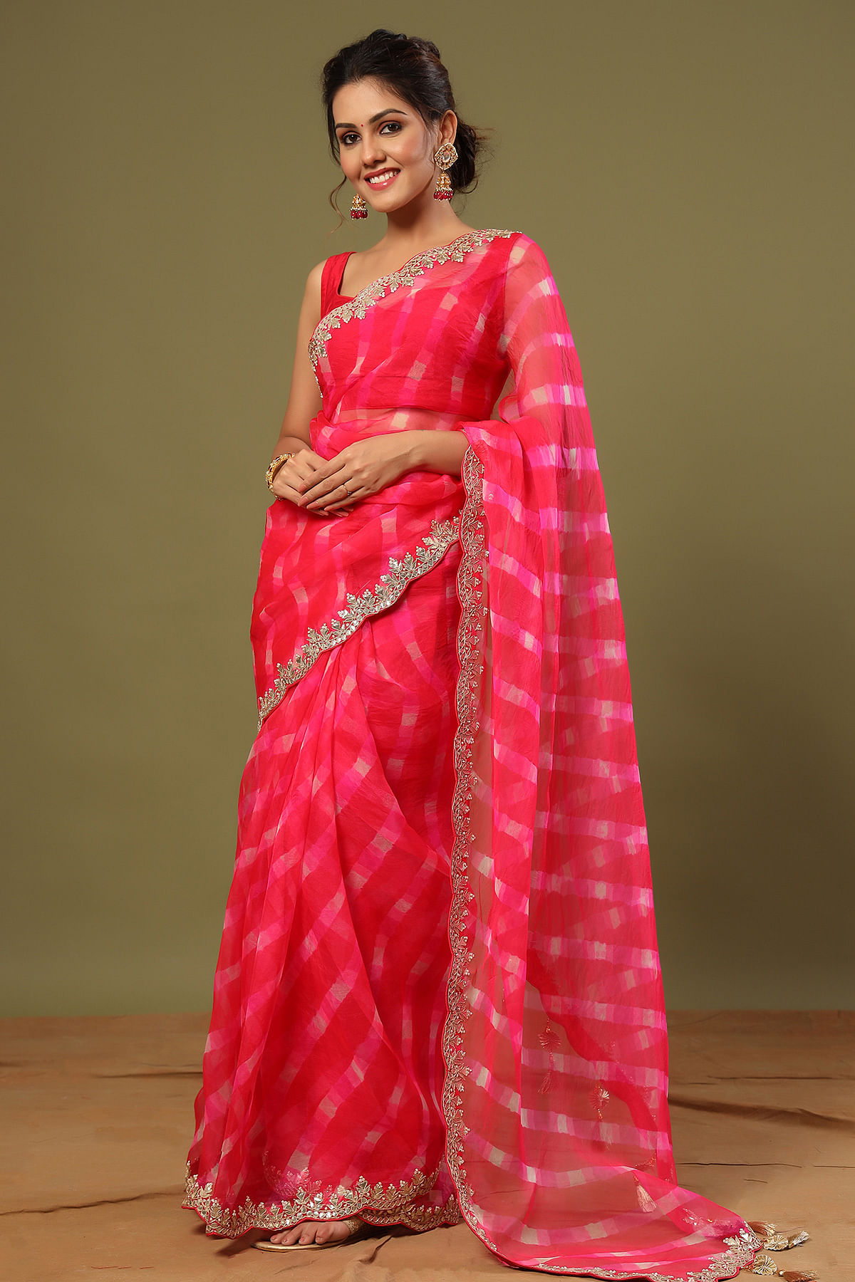 Buy Hot Pink and Sea Green Satin Designer Contemporary Style Saree Online