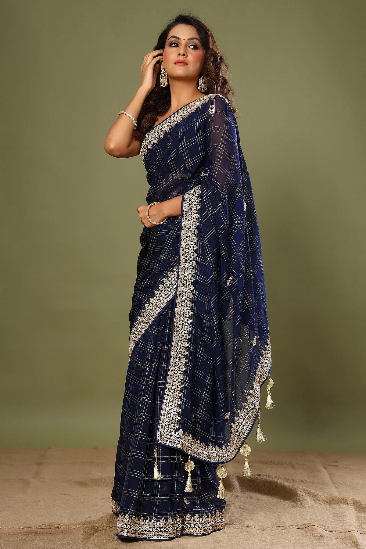 Dark Navy Gota Embroidered Organza Saree Online at Samyakk