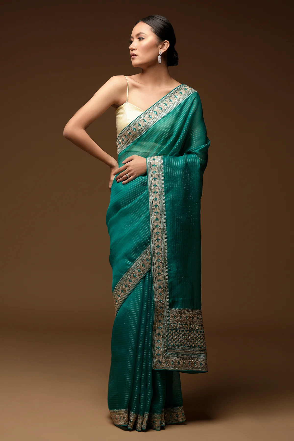 Buy Jade Green Sequins Embroidered Organza Saree Online at Samyakk